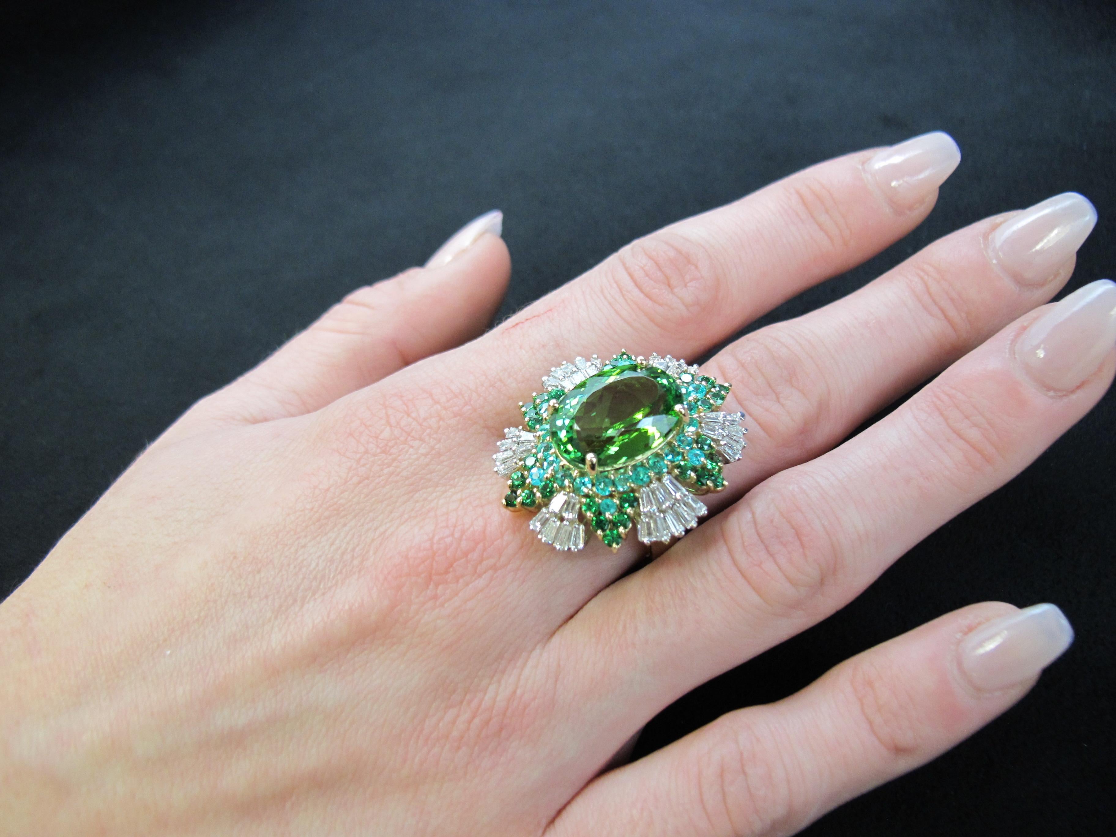 Women's Green Tourmaline, Pariaba Tourmaline, Tsavorite Garnet, Diamond Cocktail Ring