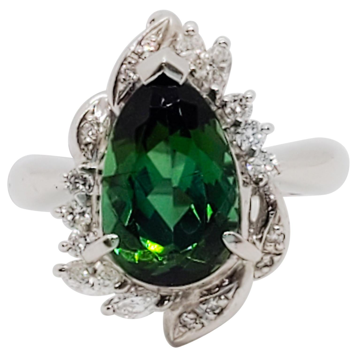 Green Tourmaline Pear and White Diamond Cocktail Ring in Platinum