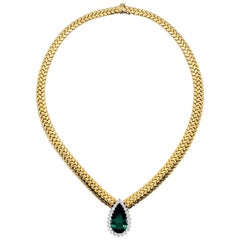 Green Tourmaline Pear Shape and White Diamond Round Necklace in 18 Karat Gold