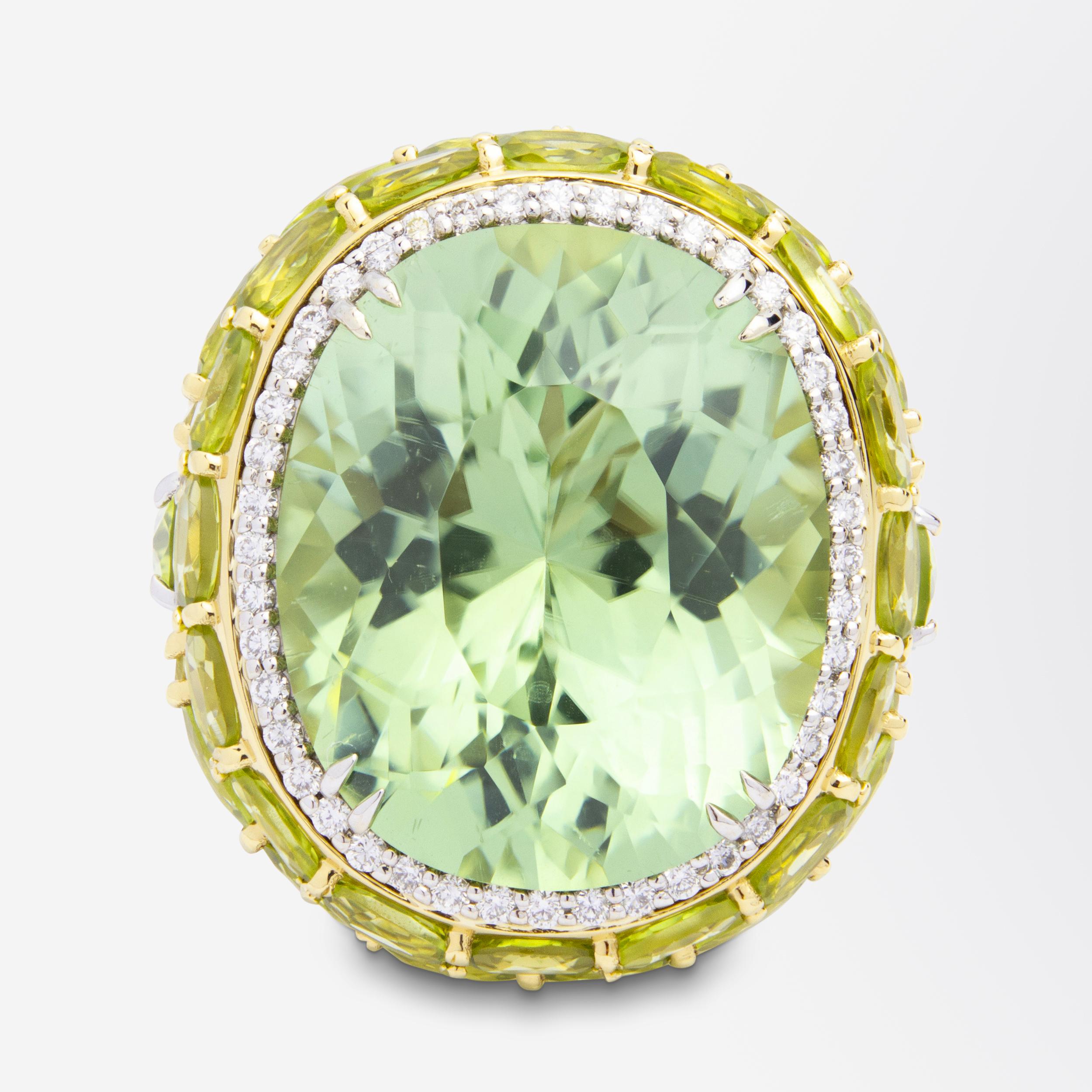 Modern Green Tourmaline, Peridot and Diamond Ring by 'Hubert' For Sale