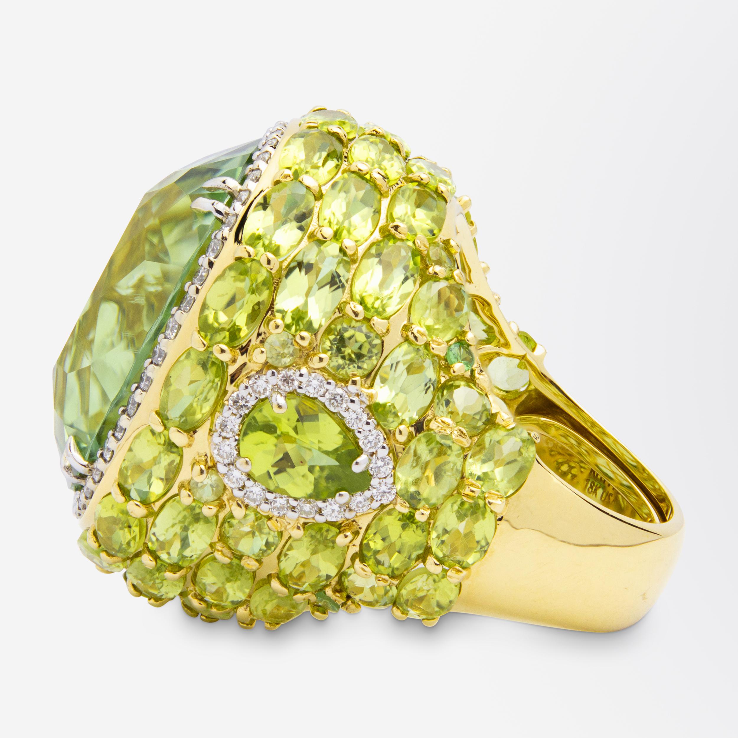 Brilliant Cut Green Tourmaline, Peridot and Diamond Ring by 'Hubert' For Sale