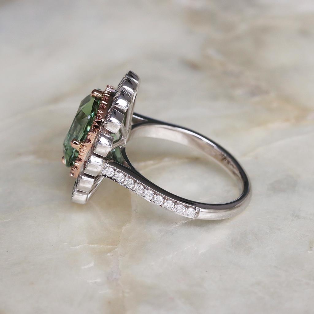 Cushion Cut Green Tourmaline Pink Diamond Entourage Cocktail Ring For Sale