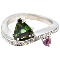 Green Tourmaline, Pink Sapphire and Diamond 14 Karat White Gold Ring