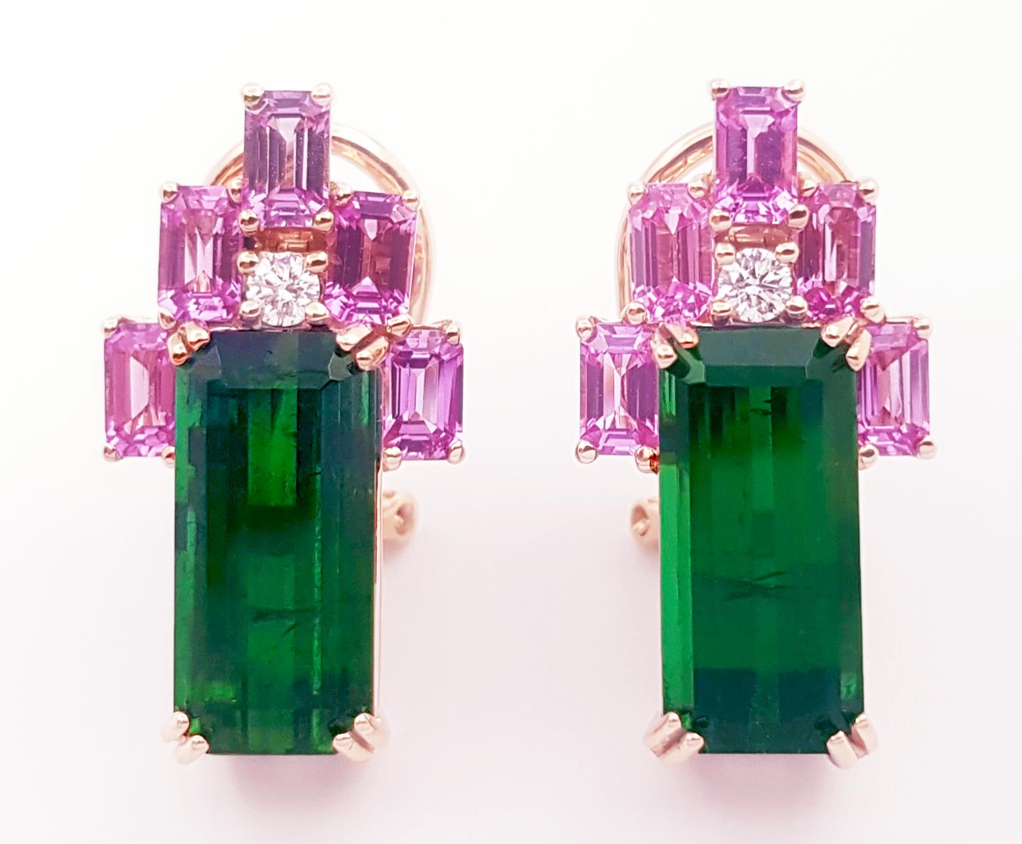 Contemporary Green Tourmaline, Pink Sapphire and Diamond Earrings set in 18K Rose Gold  For Sale