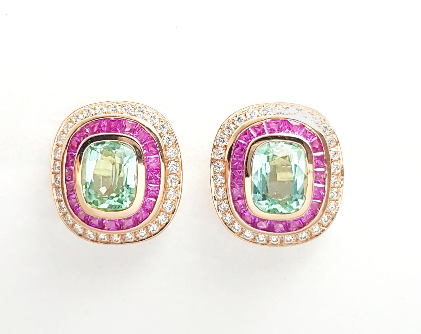 Contemporaneo Orecchini con tormalina verde, zaffiro rosa e diamanti in oro rosa 18 carati in vendita