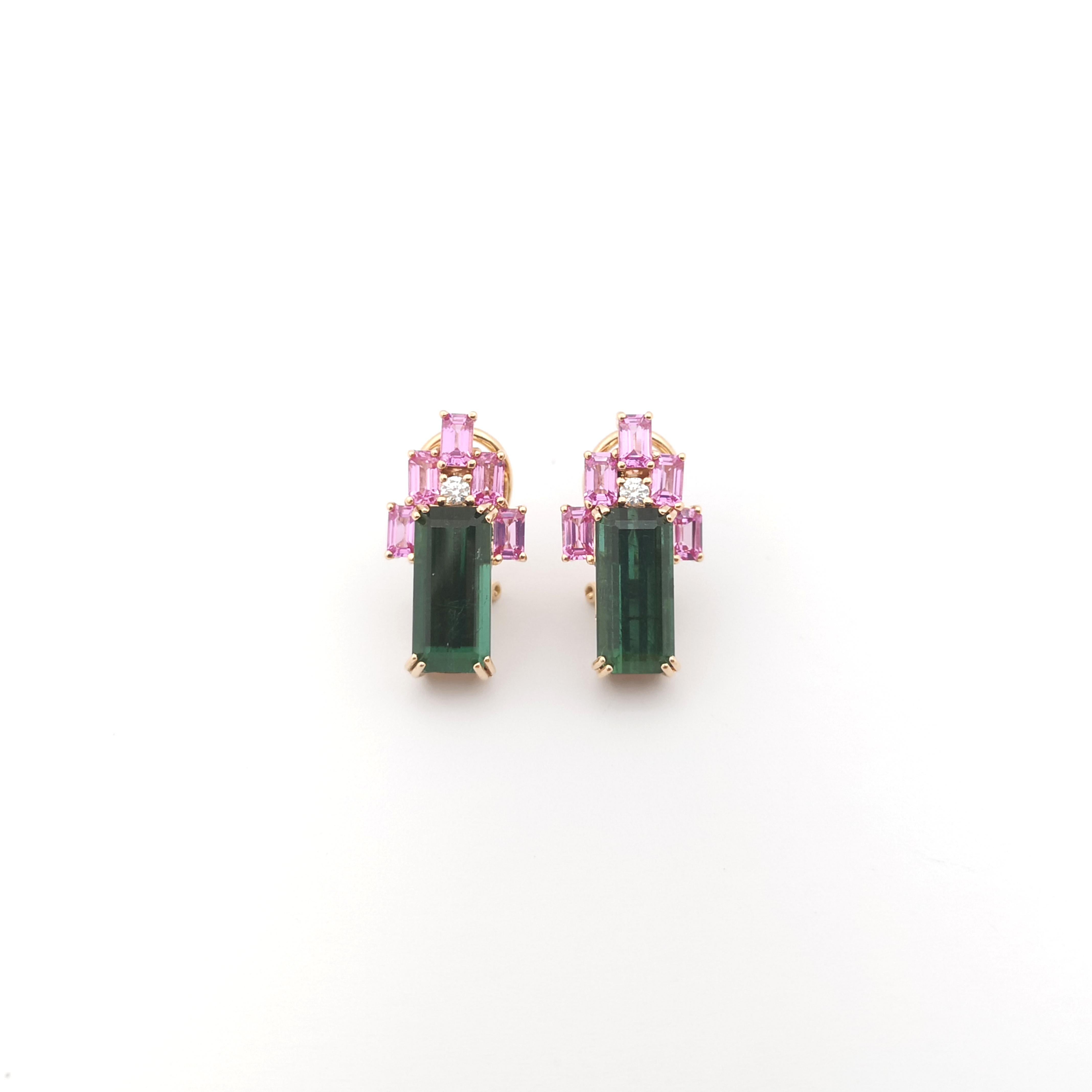 Emerald Cut Green Tourmaline, Pink Sapphire and Diamond Earrings set in 18K Rose Gold  For Sale