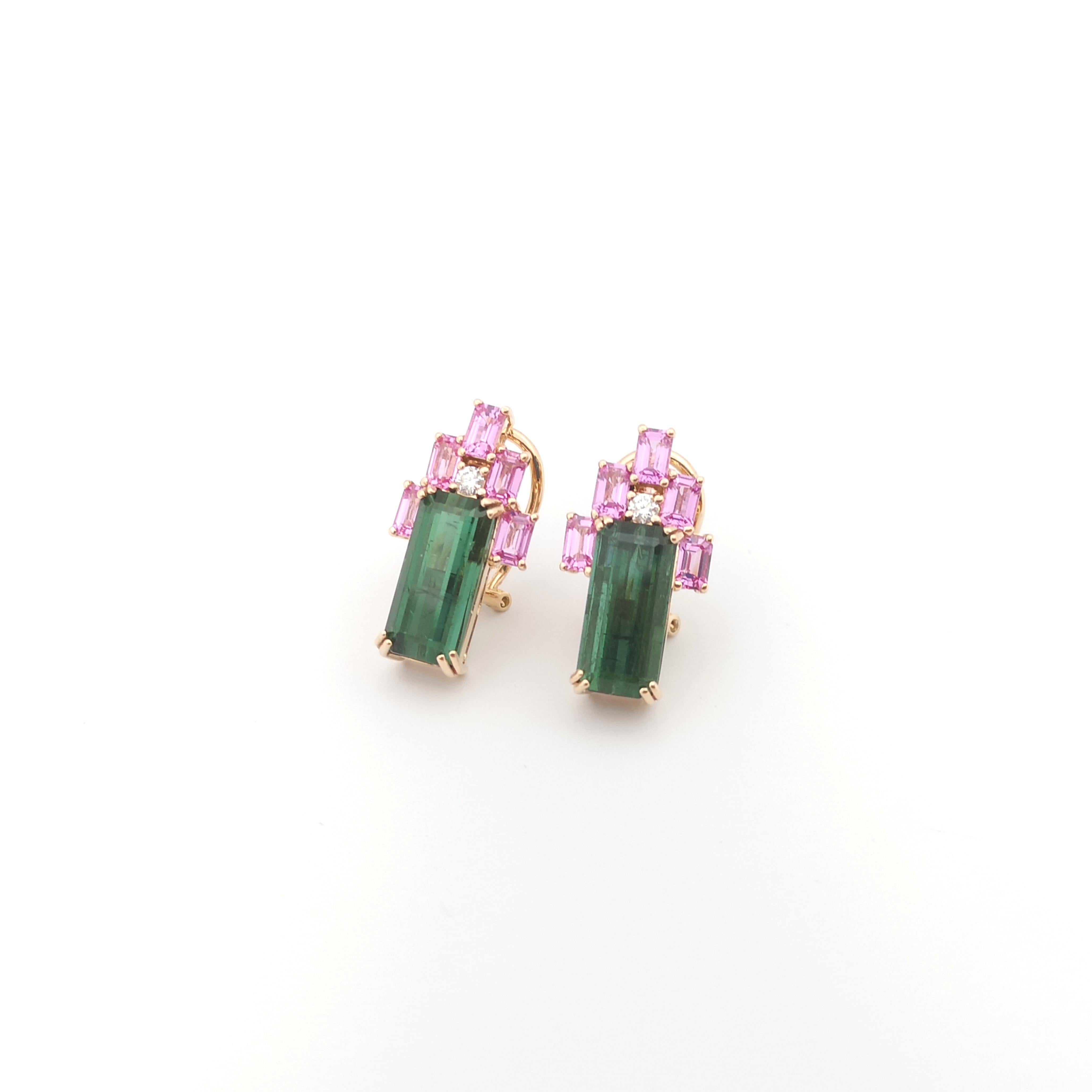 Green Tourmaline, Pink Sapphire and Diamond Earrings set in 18K Rose Gold  In New Condition For Sale In Bangkok, TH