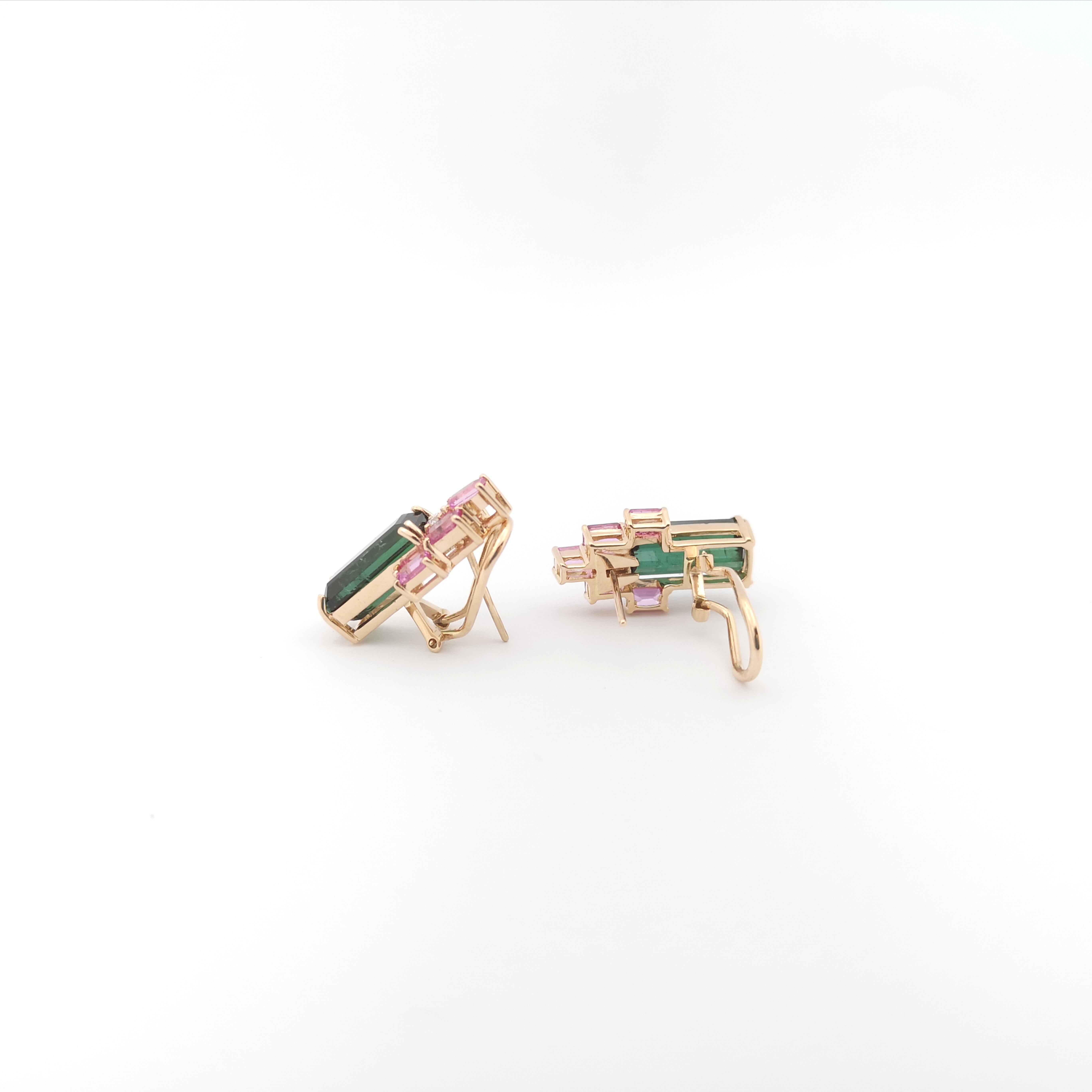 Women's Green Tourmaline, Pink Sapphire and Diamond Earrings set in 18K Rose Gold  For Sale
