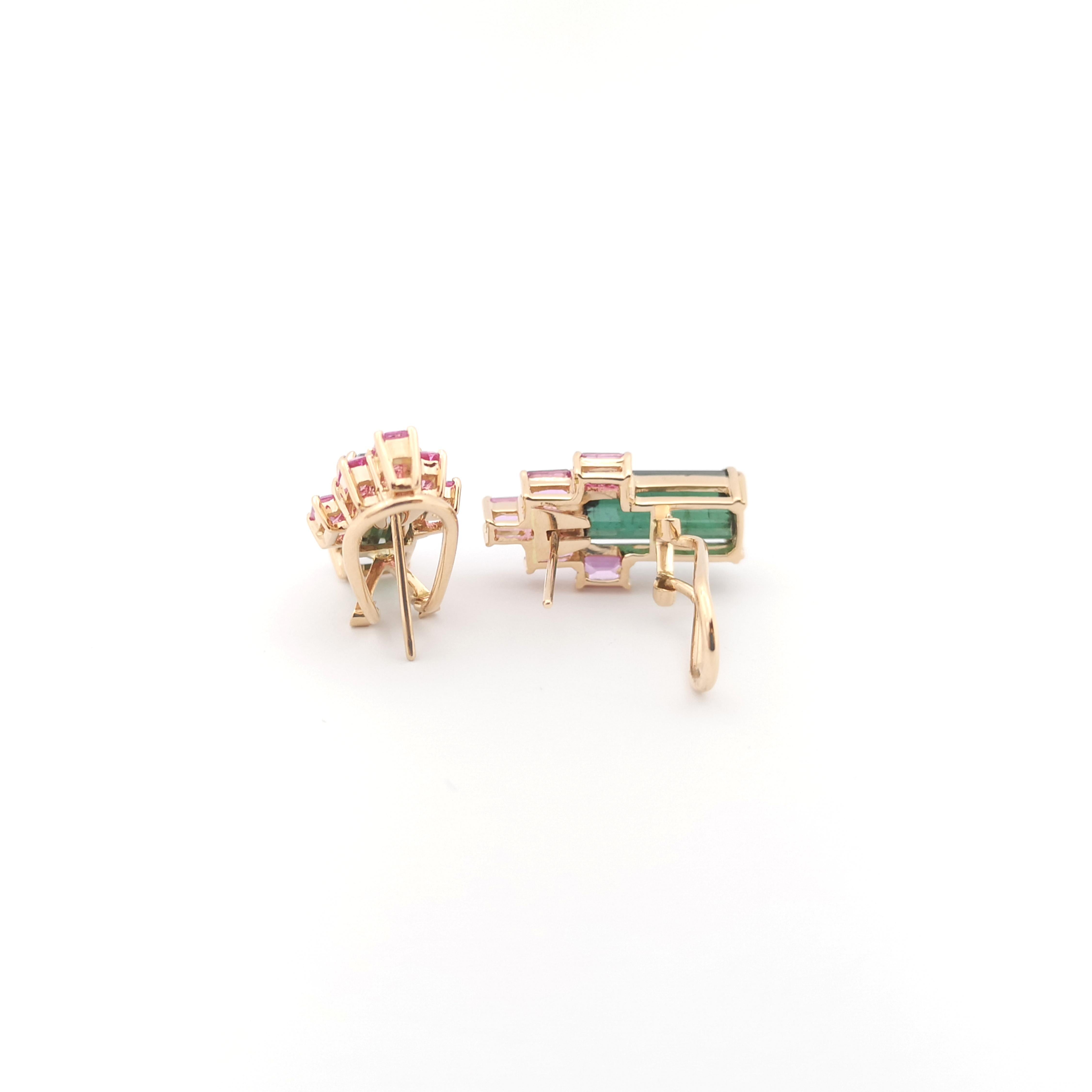 Green Tourmaline, Pink Sapphire and Diamond Earrings set in 18K Rose Gold  For Sale 1