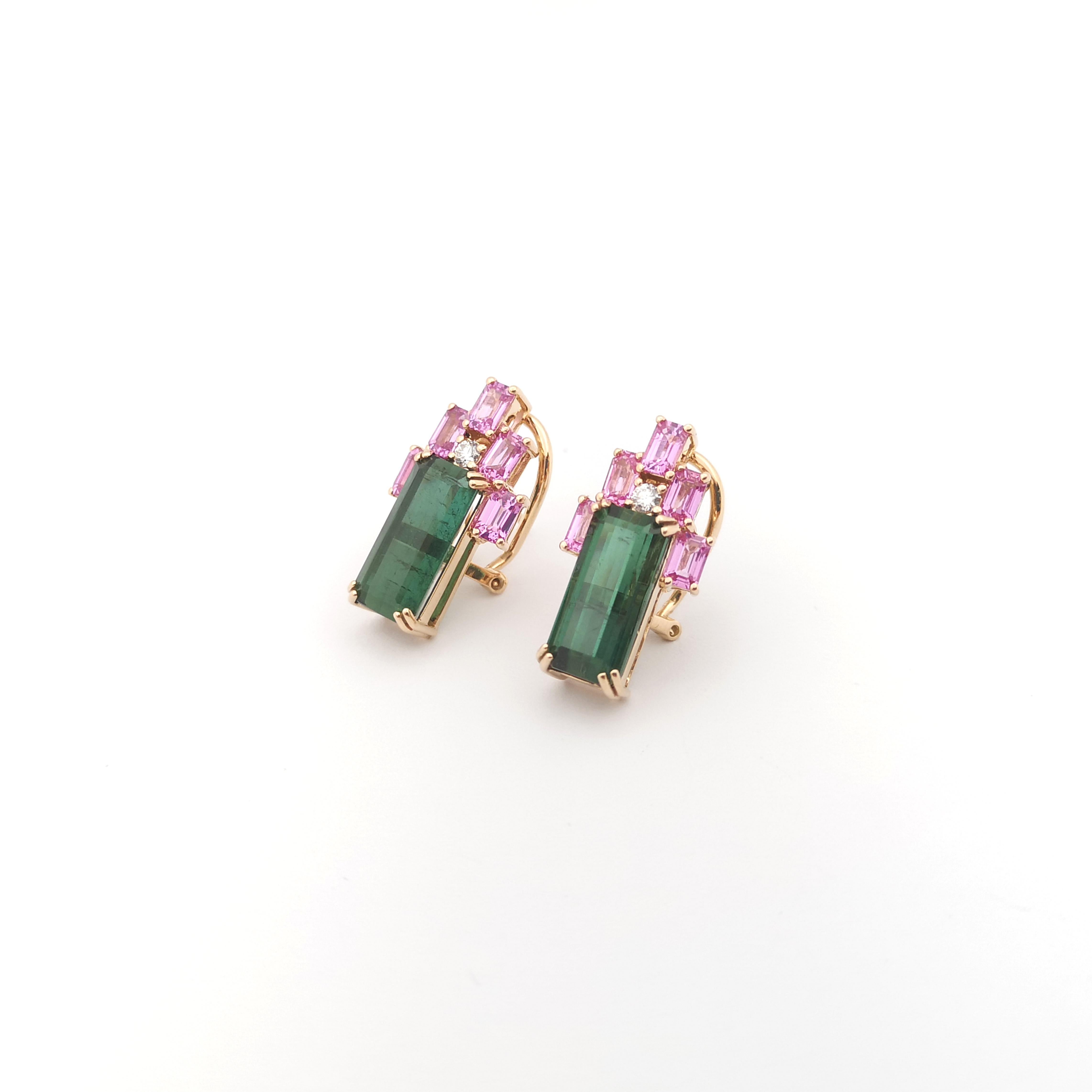 Green Tourmaline, Pink Sapphire and Diamond Earrings set in 18K Rose Gold  For Sale 2