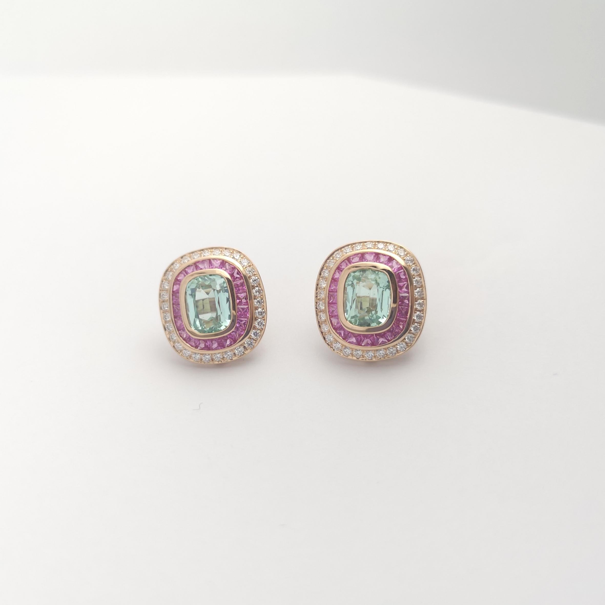 Orecchini con tormalina verde, zaffiro rosa e diamanti in oro rosa 18 carati in vendita 2