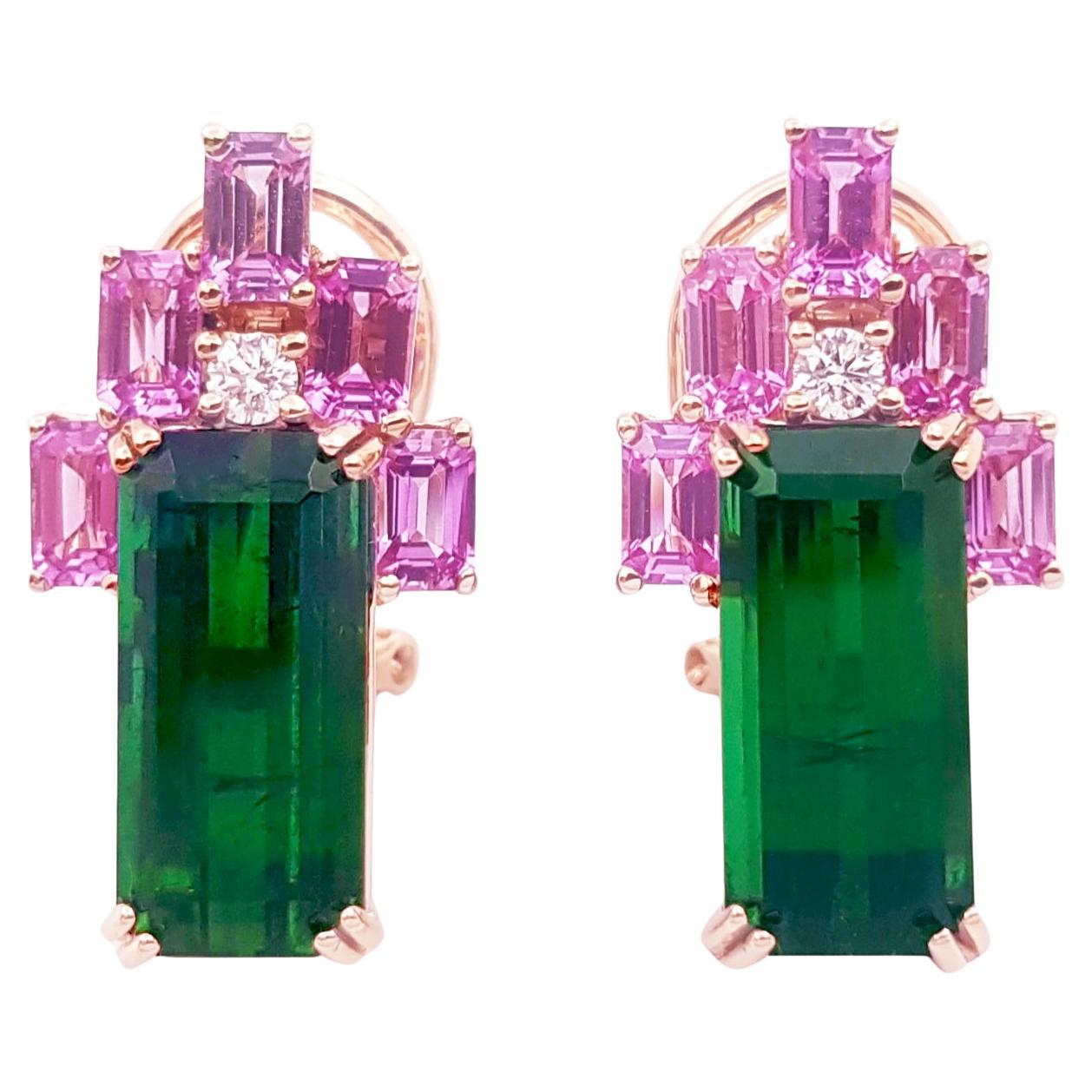 Boucles d'oreilles en or rose 18 carats serties de tourmaline verte, saphir rose et diamant 