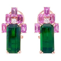Boucles d'oreilles en or rose 18 carats serties de tourmaline verte, saphir rose et diamant 