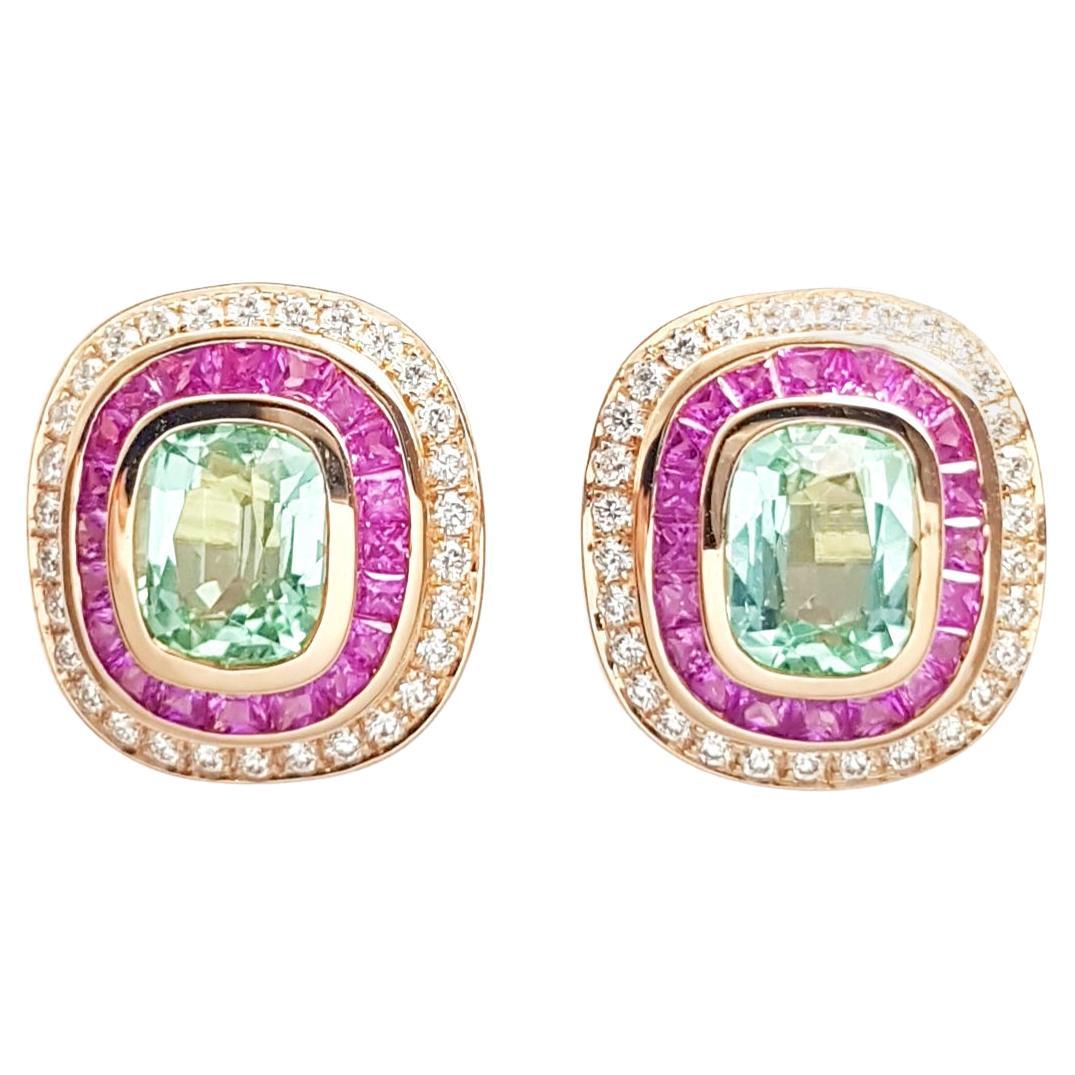 Ohrringe aus 18 Karat Roségold mit grünem Turmalin, rosa Saphir und Diamant