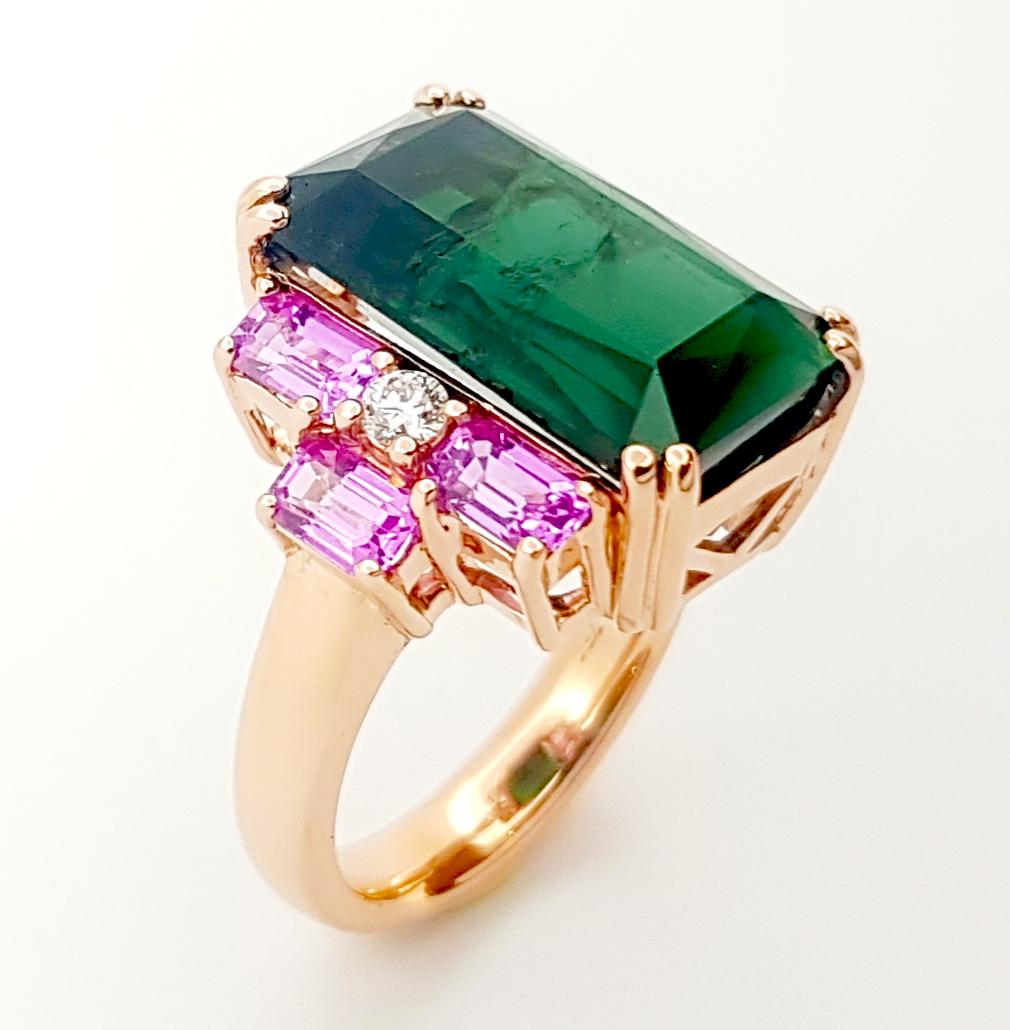 Green Tourmaline, Pink Sapphire and Diamond Ring set in 18K Rose Gold Settings For Sale 4
