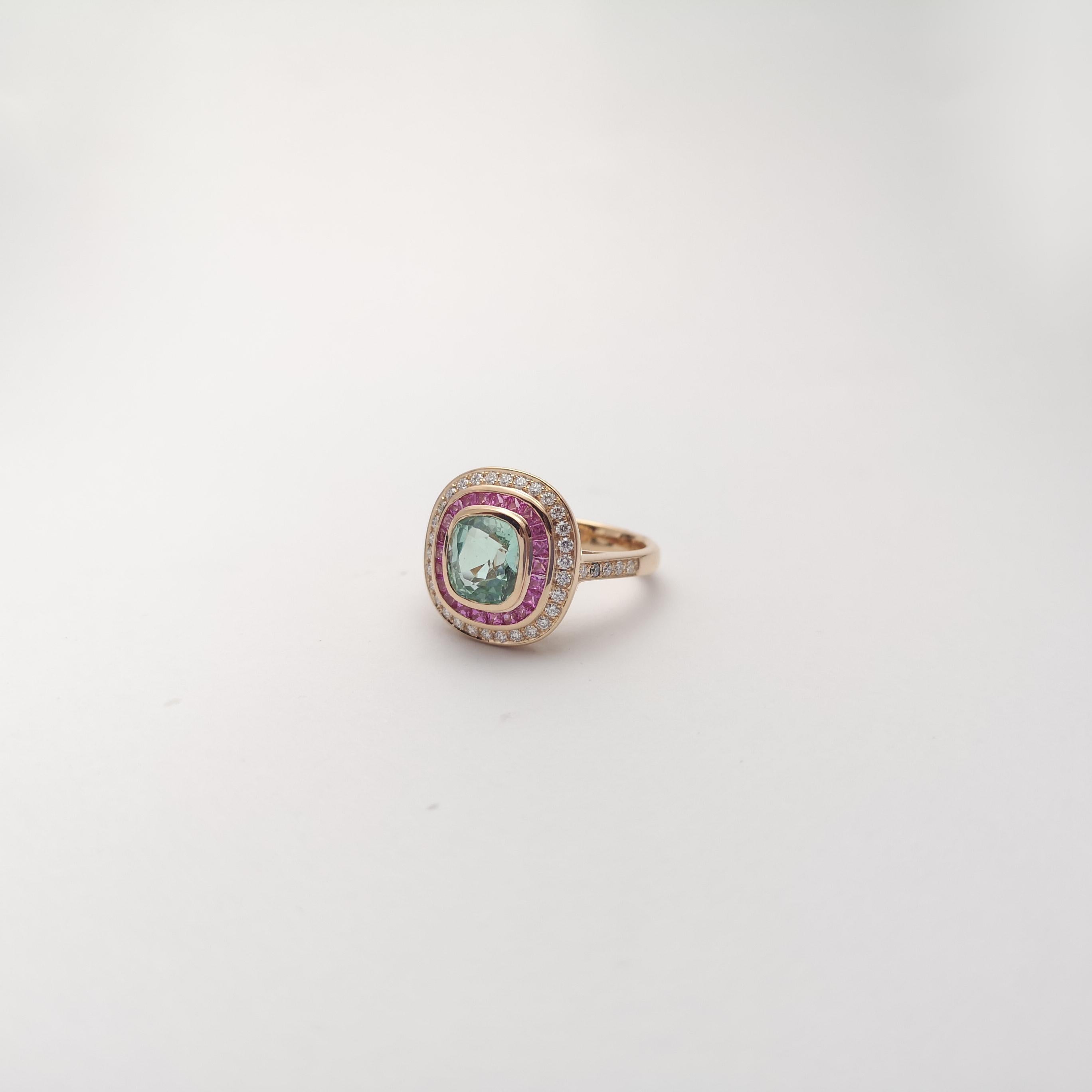 Green Tourmaline, Pink Sapphire and Diamond Ring set in 18K Rose Gold Settings For Sale 4