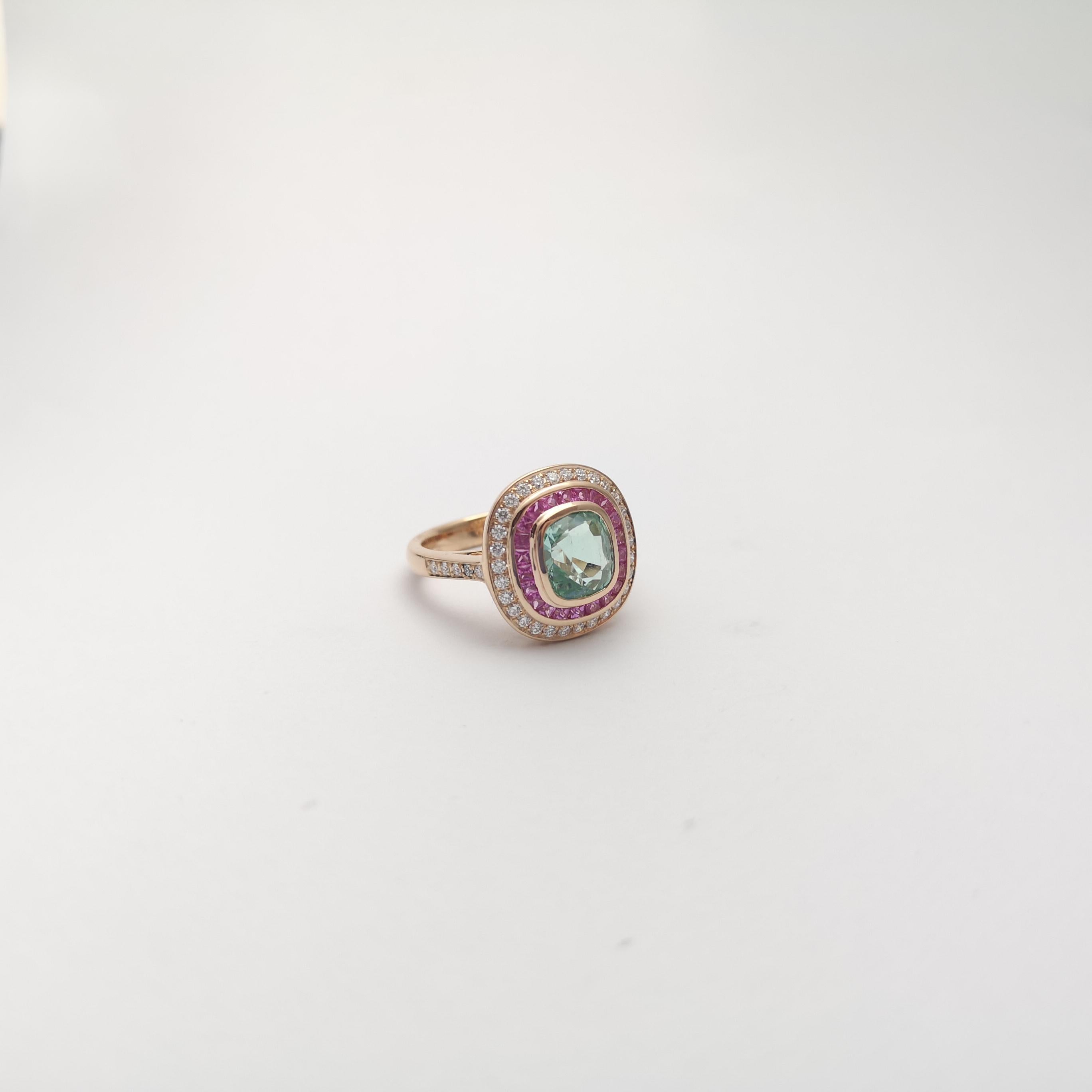 Green Tourmaline, Pink Sapphire and Diamond Ring set in 18K Rose Gold Settings For Sale 5