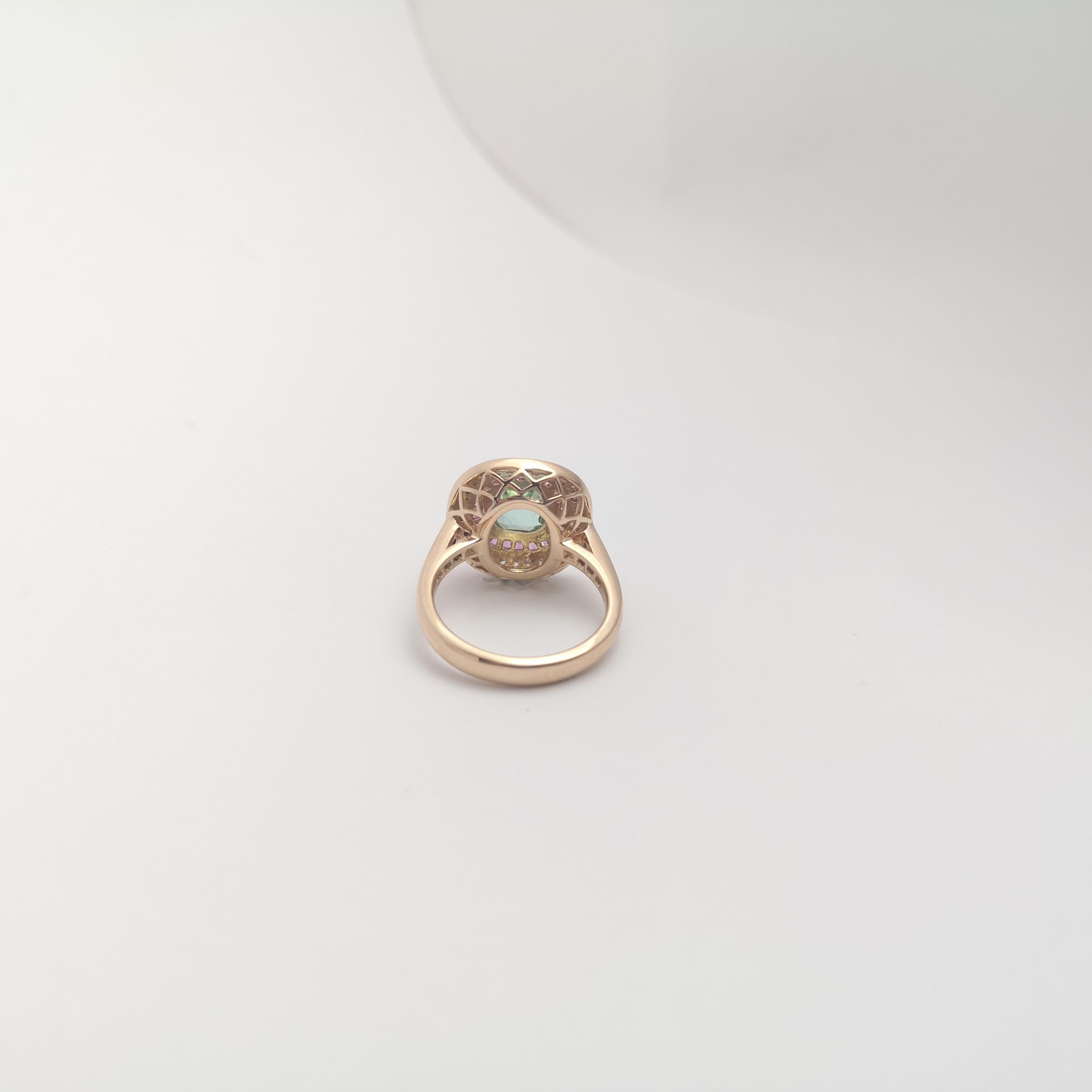 Green Tourmaline, Pink Sapphire and Diamond Ring set in 18K Rose Gold Settings For Sale 6