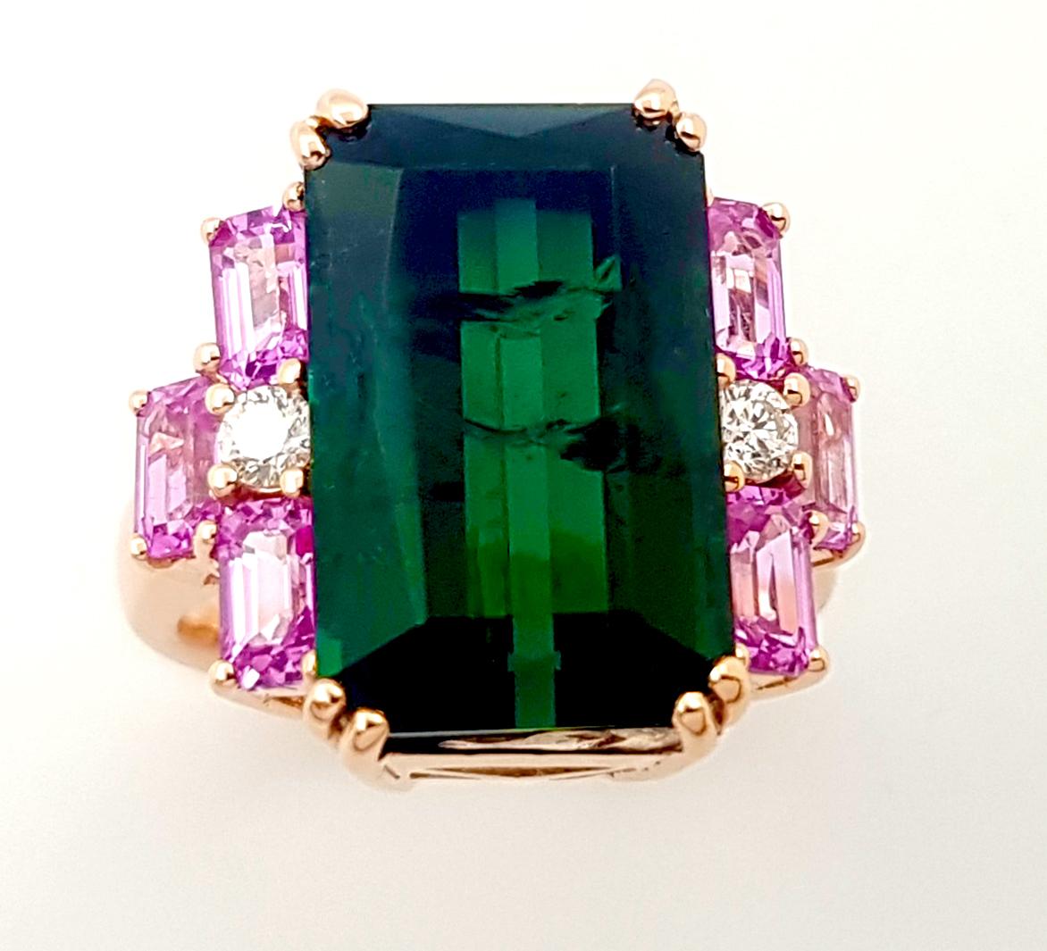 Green Tourmaline, Pink Sapphire and Diamond Ring set in 18K Rose Gold Settings For Sale 7