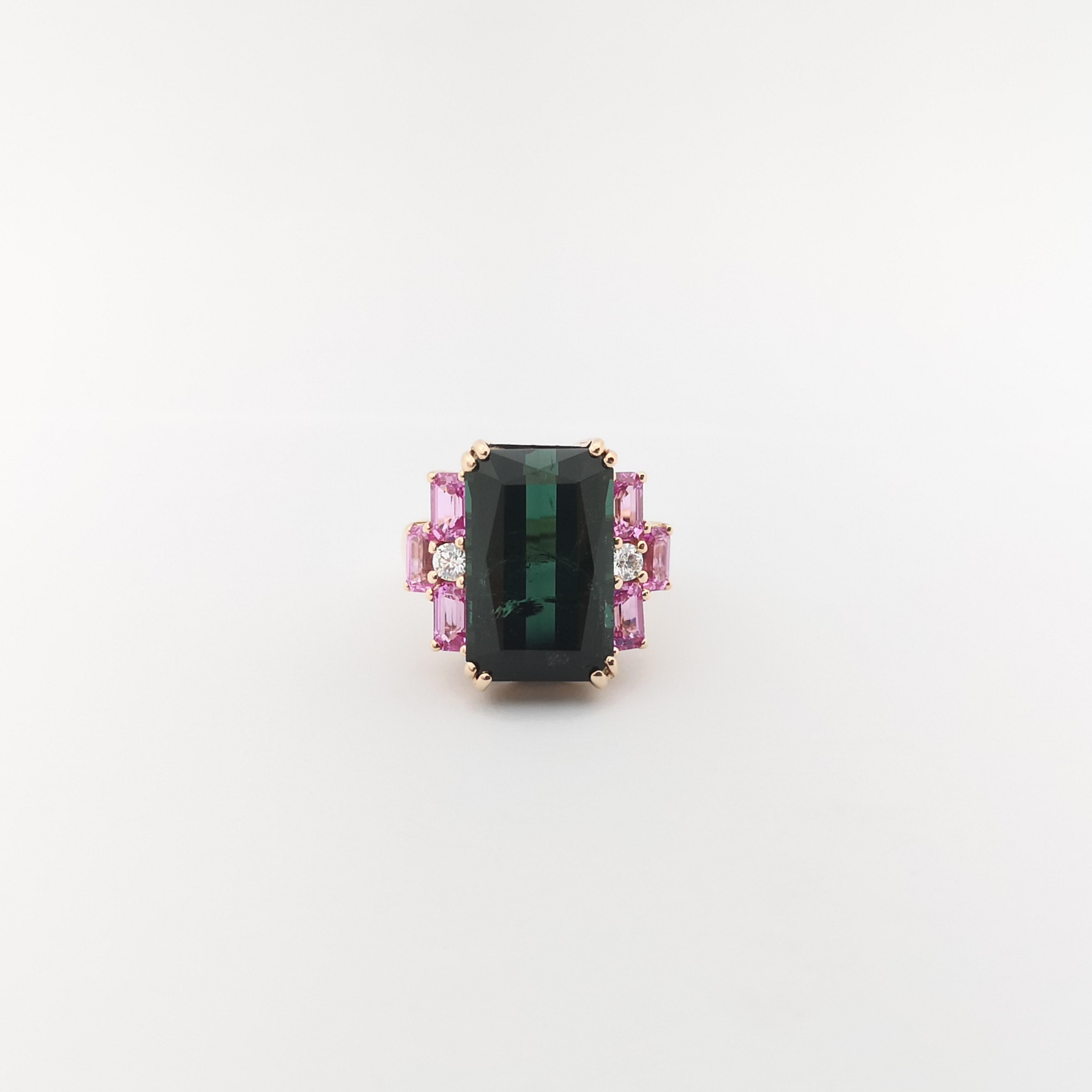 Green Tourmaline, Pink Sapphire and Diamond Ring set in 18K Rose Gold Settings For Sale 8