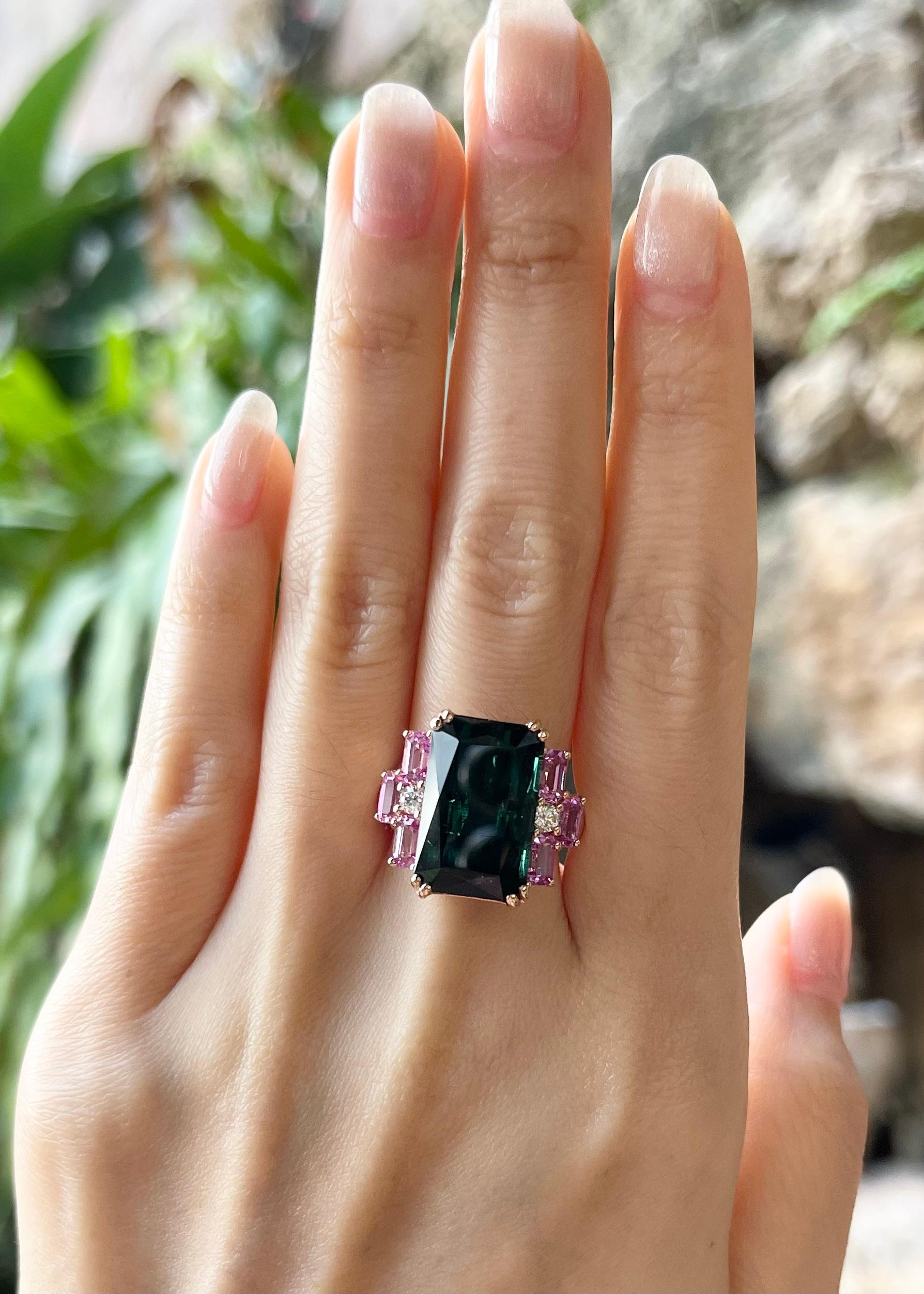 Green Tourmaline 11.43 carats, Pink Sapphire 2.17 carats and Diamond 0.14 carat Ring set in 18K Rose Gold Settings

Width:  2.0 cm 
Length: 1.7 cm
Ring Size: 54
Total Weight: 11.45 grams

Green Tourmaline
Width:  1.0 cm 
Length: 1.7 cm

