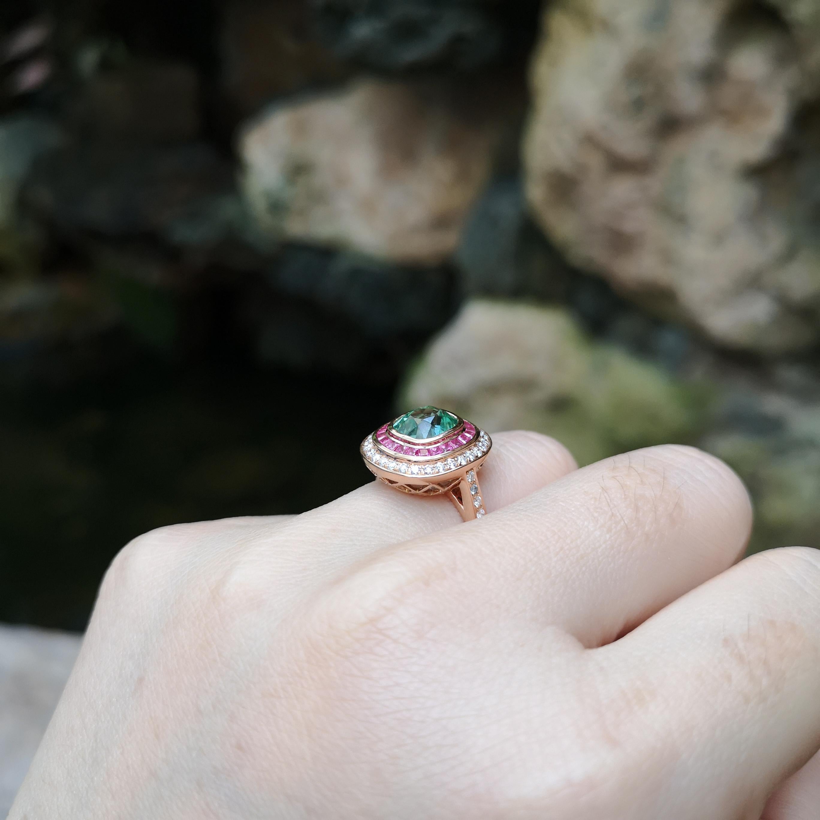 Green Tourmaline 2.31 carats, Pink Sapphire 0.63 carat and Diamond 0.38 carat Ring set in 18K Rose Gold Settings

Width:  1.6 cm 
Length: 1.8 cm
Ring Size: 55
Total Weight: 8.63 grams

