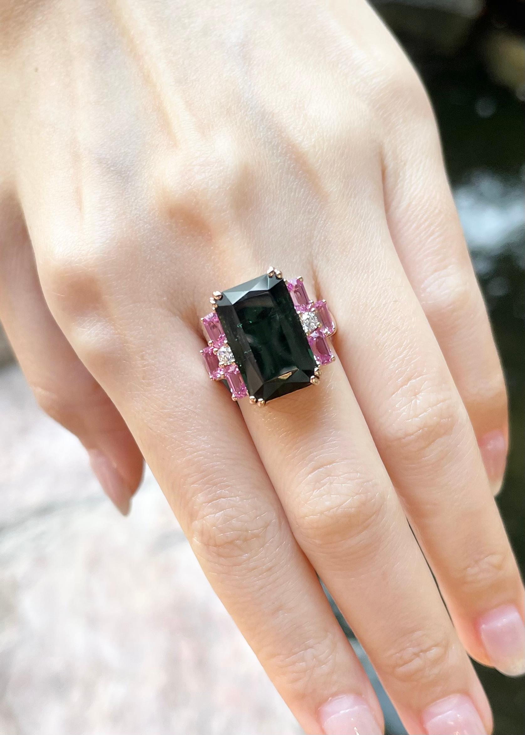 Emerald Cut Green Tourmaline, Pink Sapphire and Diamond Ring set in 18K Rose Gold Settings For Sale