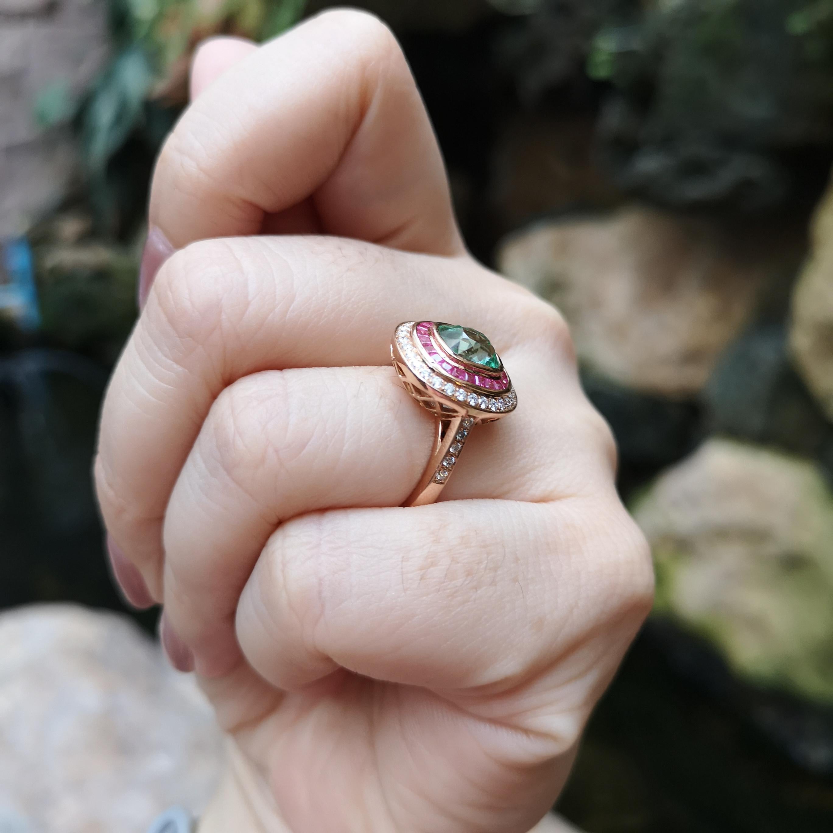 Cushion Cut Green Tourmaline, Pink Sapphire and Diamond Ring set in 18K Rose Gold Settings For Sale