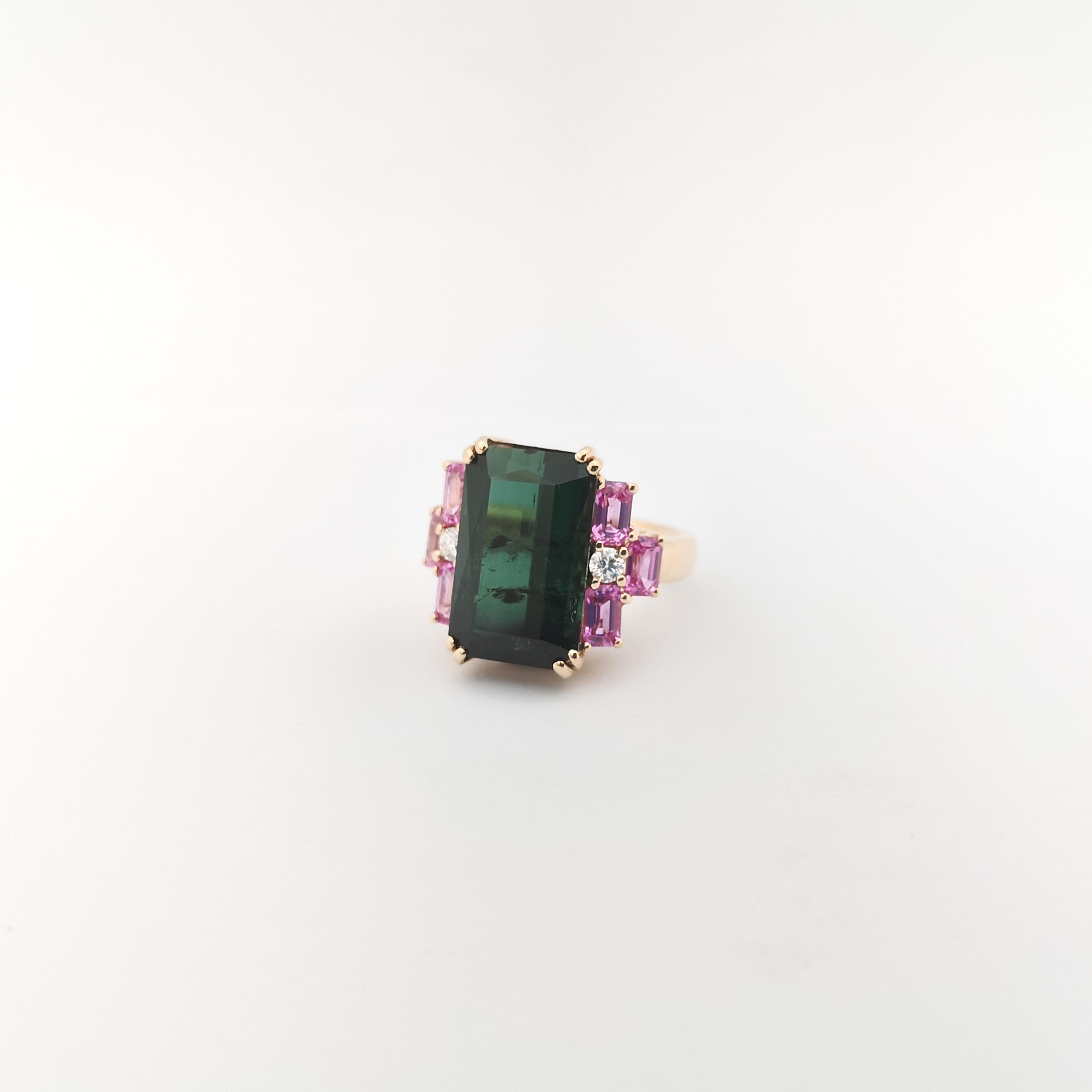 Green Tourmaline, Pink Sapphire and Diamond Ring set in 18K Rose Gold Settings For Sale 1