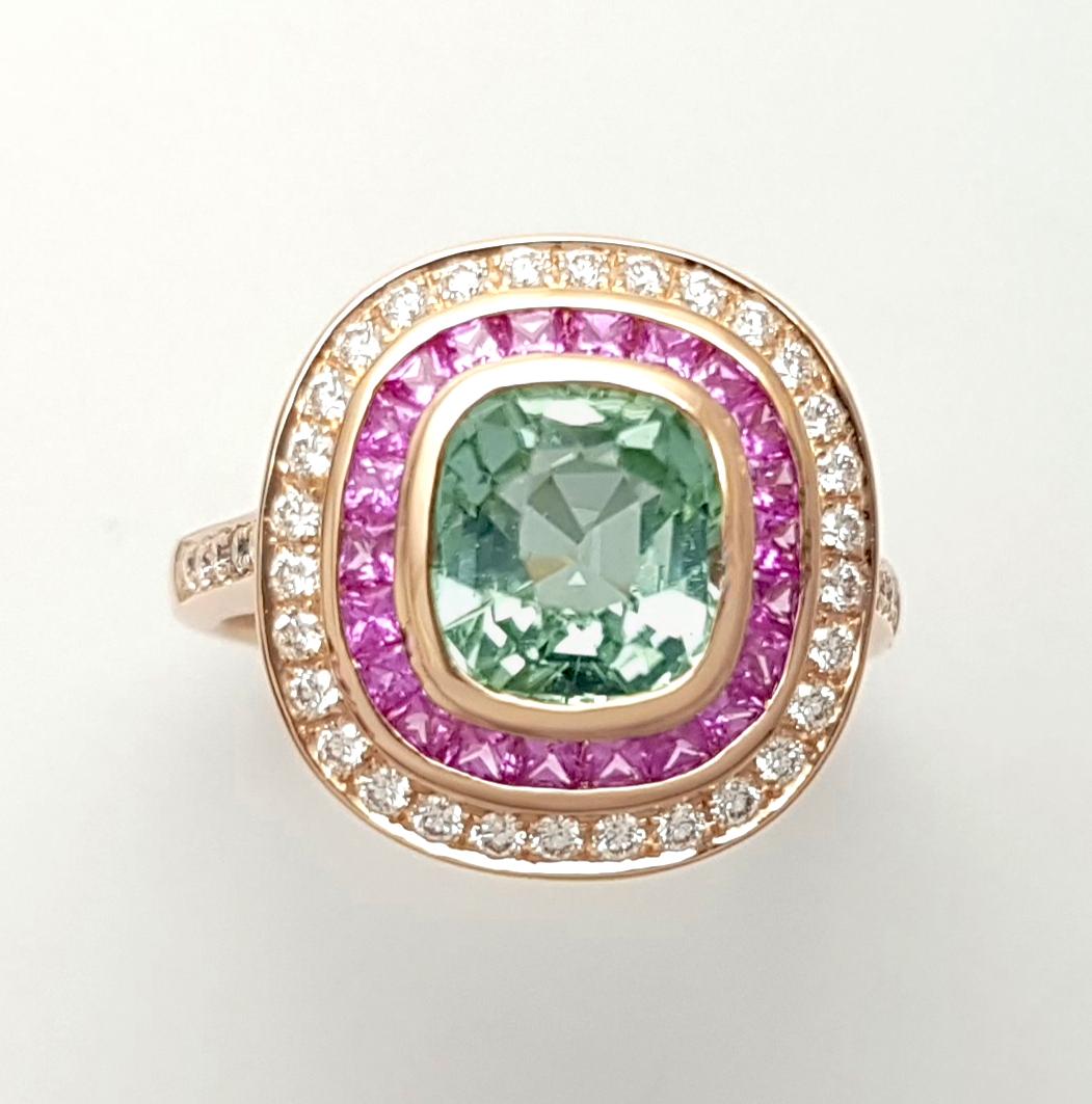 Green Tourmaline, Pink Sapphire and Diamond Ring set in 18K Rose Gold Settings For Sale 1