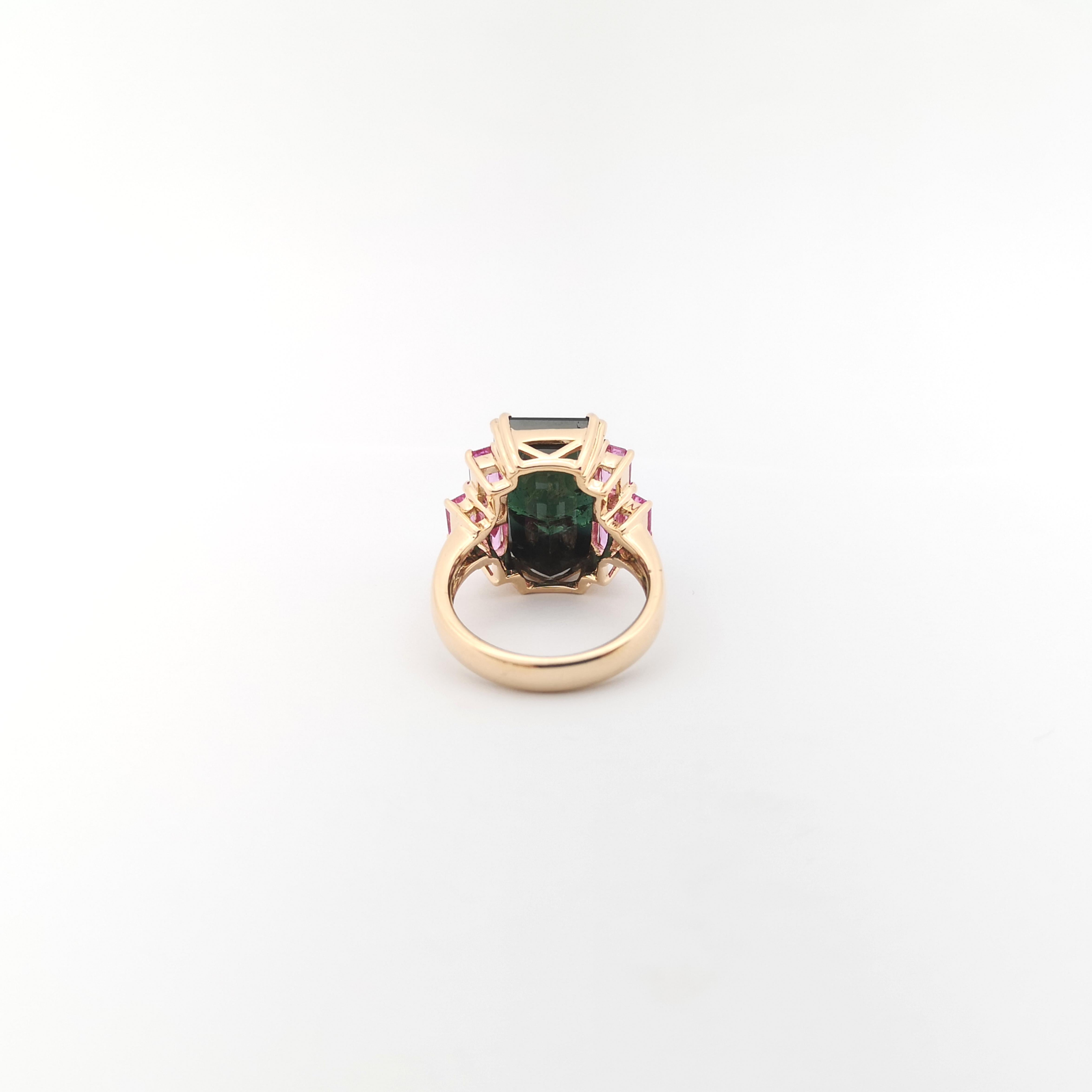 Green Tourmaline, Pink Sapphire and Diamond Ring set in 18K Rose Gold Settings For Sale 2