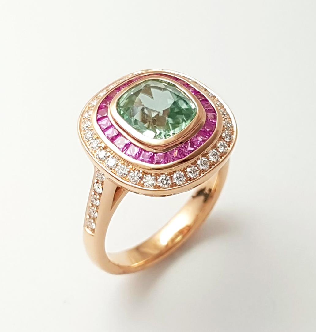 Green Tourmaline, Pink Sapphire and Diamond Ring set in 18K Rose Gold Settings For Sale 2