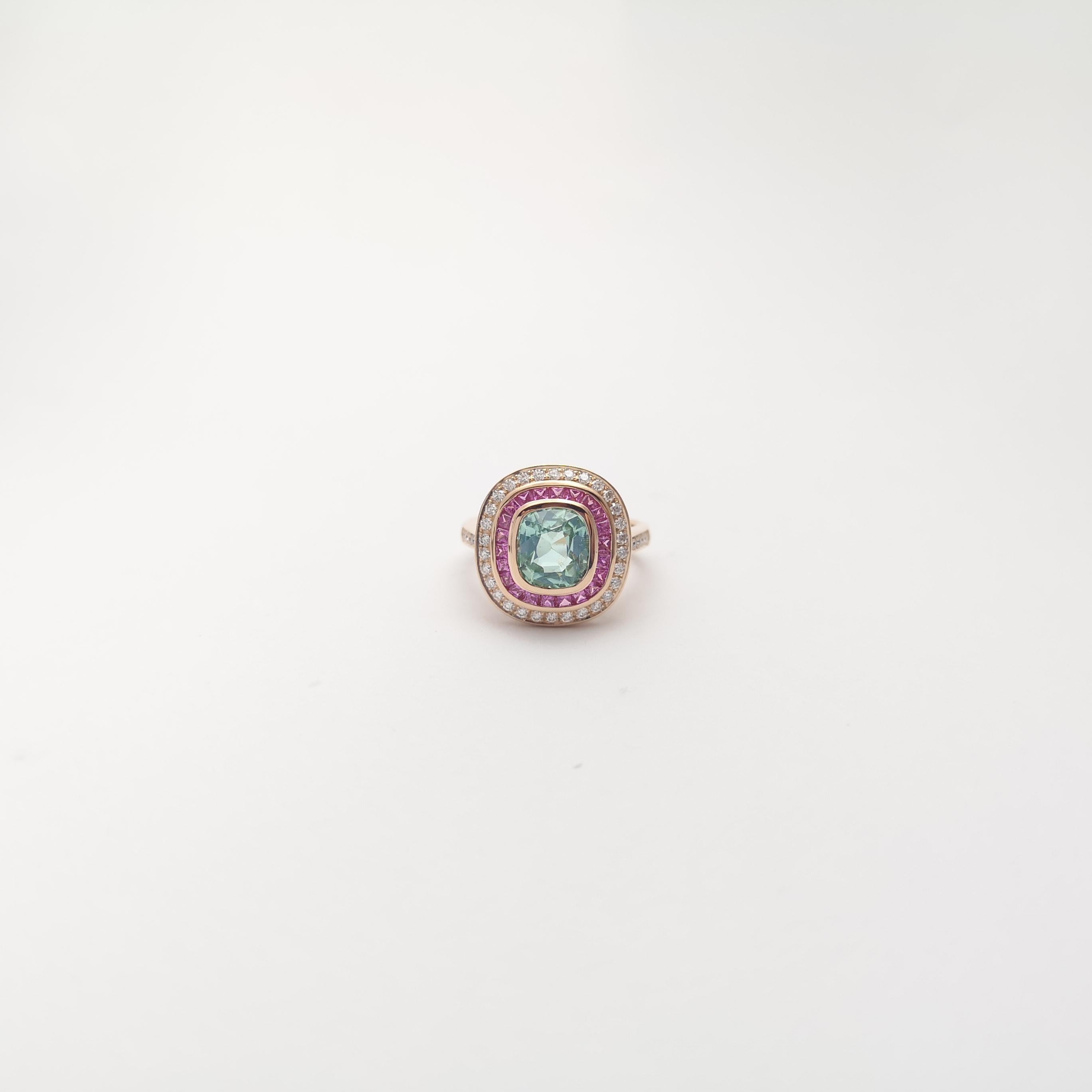 Green Tourmaline, Pink Sapphire and Diamond Ring set in 18K Rose Gold Settings For Sale 3