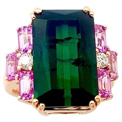 Green Tourmaline, Pink Sapphire and Diamond Ring set in 18K Rose Gold Settings