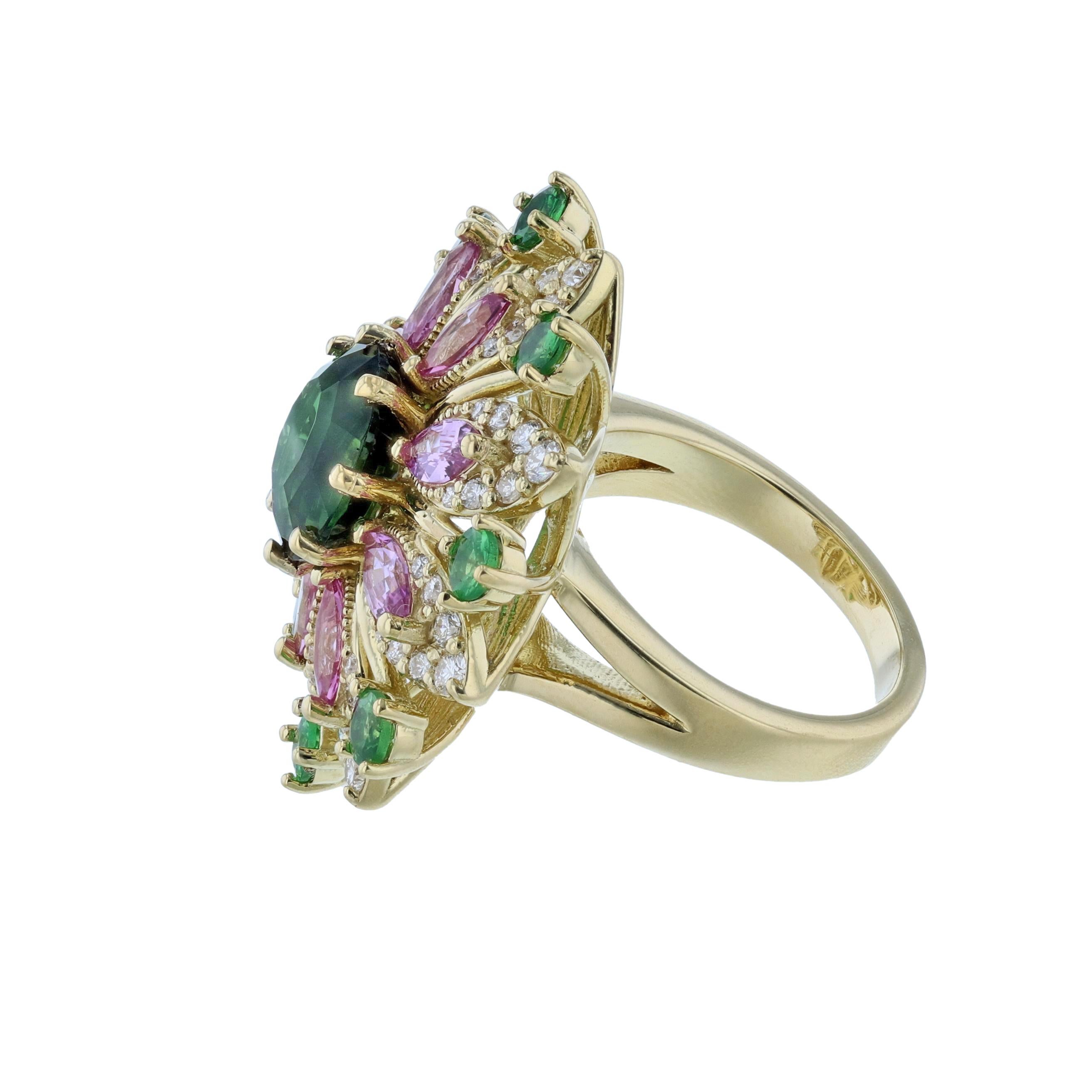 Modern Green Tourmaline Pink Sapphire Tsavorite Diamond 7.91 Carat Cocktail Ring For Sale