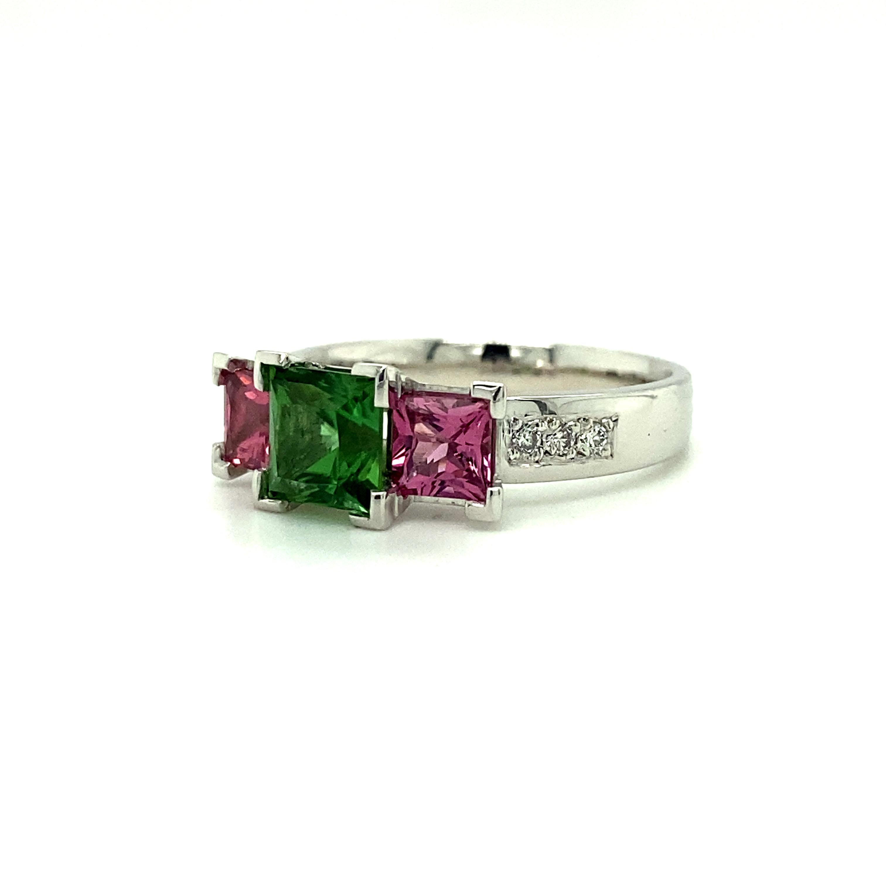 If you love a real pop of colour then you are going to adore this 1.34 Carat Tourmaline 1.08 Carat Spinel Diamond 18 Carat White Gold Ring.

The shades of green tourmaline and pink spinel in princess cuts do compliment each other so well and the