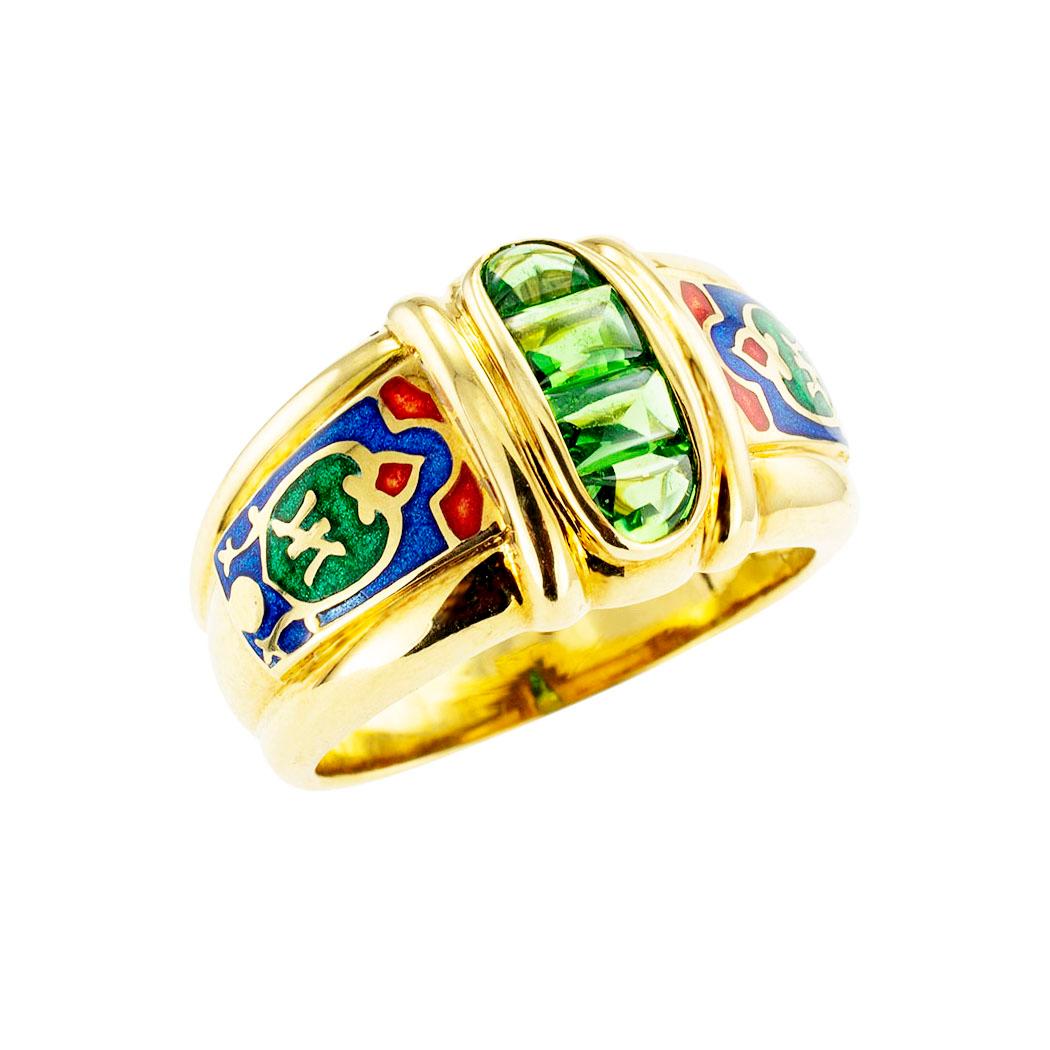 Green tourmaline and polychrome enamel yellow gold ring circa 1990. *

ABOUT THIS ITEM:  #R-DJ21C. Scroll down for detailed specifications.  This is a low profile, wide band style ring with a tapering shank.  The top features a row of cabochon green