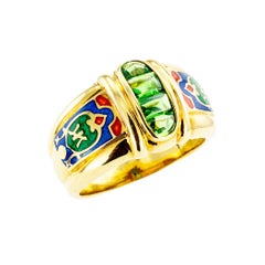 Green Tourmaline Polychrome Enamel Yellow Gold Band Ring