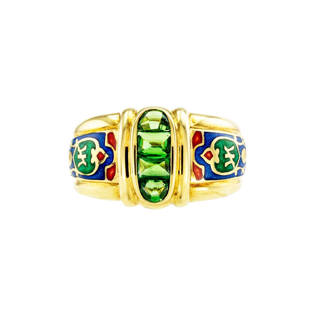 Contemporary Green Tourmaline Polychrome Enamel Yellow Gold Band Ring For Sale