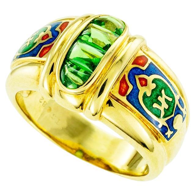 Green Tourmaline Polychrome Enamel Yellow Gold Band Ring For Sale