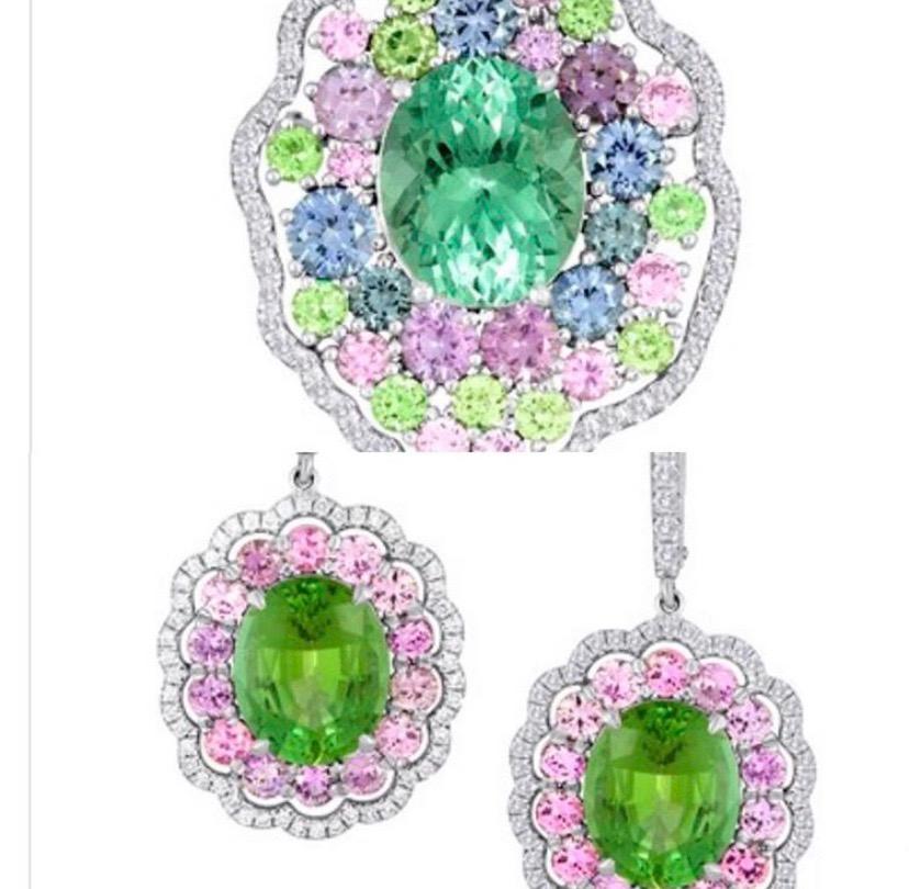 Boucles d'oreilles en tourmaline verte, saphir violet et diamant Neuf - En vente à Morristown, NJ