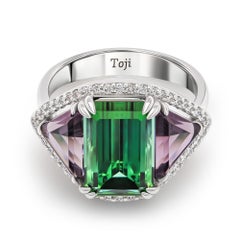 "Tropical Rain" Tourmaline & Purple Spinels Ring, 18k White Gold Diamonds Ring