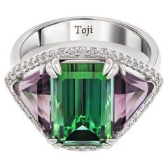 "Tropical Rain" Tourmaline & Purple Spinels Ring, 18k White Gold Diamonds Ring