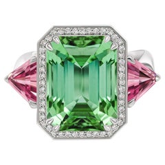 Green Tourmaline Ring, 18k White Gold Pink Spinels and Diamonds Ring