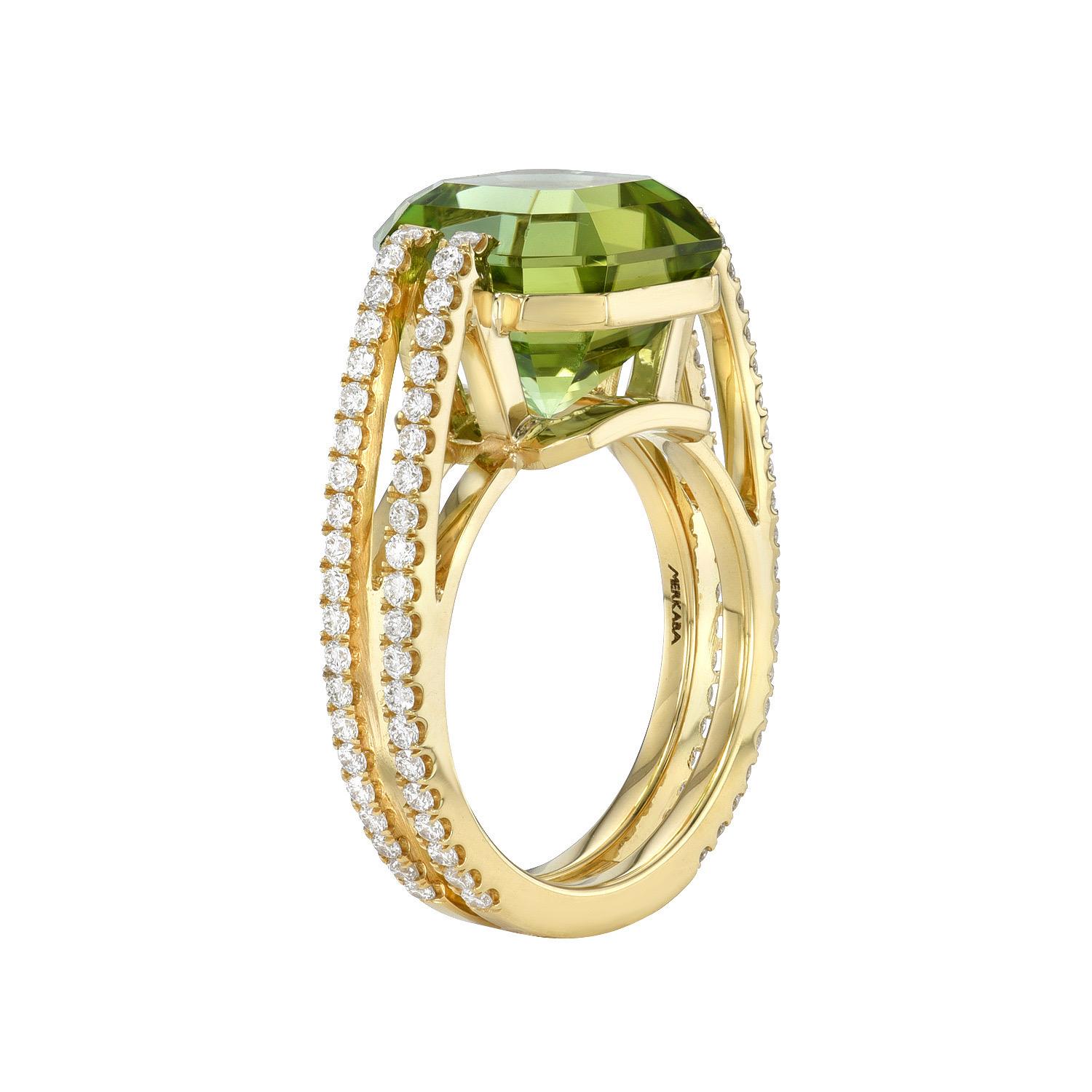 Impressive 7.54 carat Mint Green Tourmaline square octagon, 18K yellow gold ring, decorated with round brilliant collection diamonds totaling 0.59 carats.
Ring size 6. Resizing is complementary upon request.
Crafted by extremely skilled hands in the