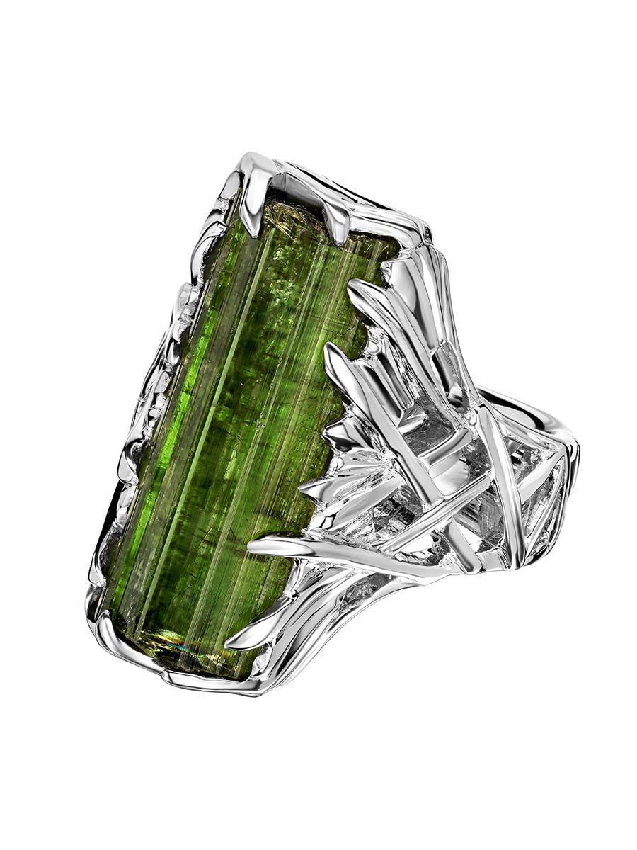 Silver ring with natural crystal of green Tourmaline 