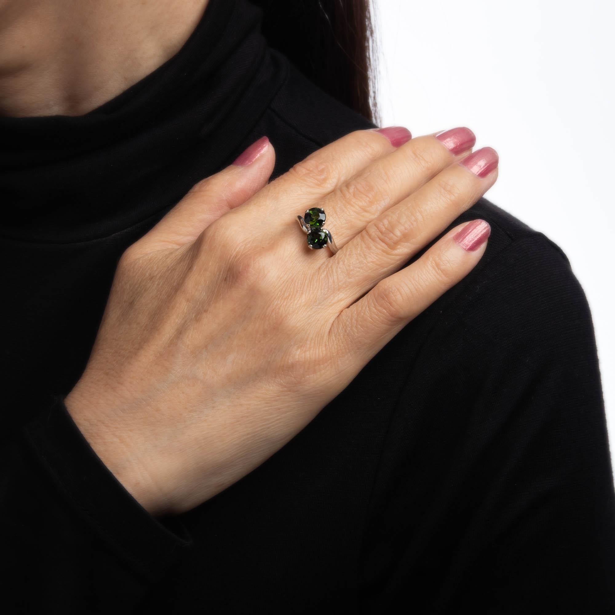 Modern Green Tourmaline Ring Moi et Toi 14k White Gold Two-Stone Vintage Jewelry