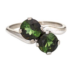 Green Tourmaline Ring Moi et Toi 14k White Gold Two-Stone Retro Jewelry