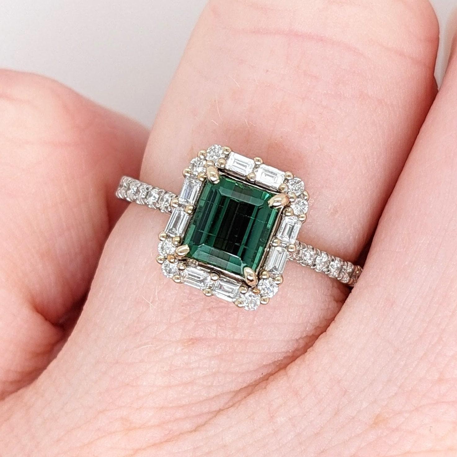 Green Tourmaline Ring w Earth Mined Diamonds in Solid 14k Dual Tone Gold EM 6x5 For Sale 2