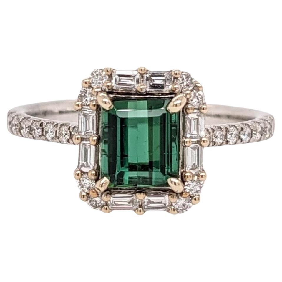 Green Tourmaline Ring w Earth Mined Diamonds in Solid 14k Dual Tone Gold EM 6x5 For Sale